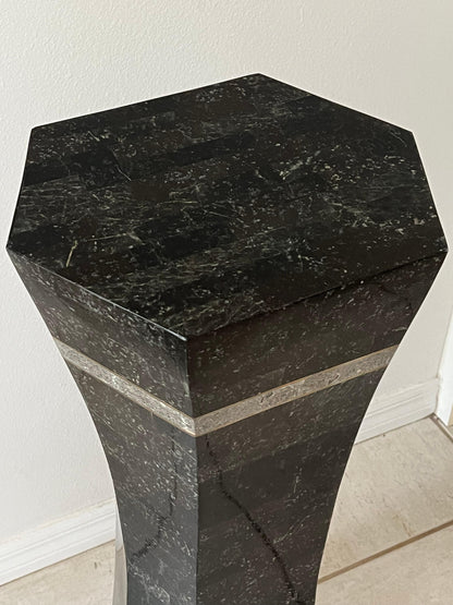 Frisman Vintage Unusual Post Modern Tessellated Stone Pedestal Inlaid Brass