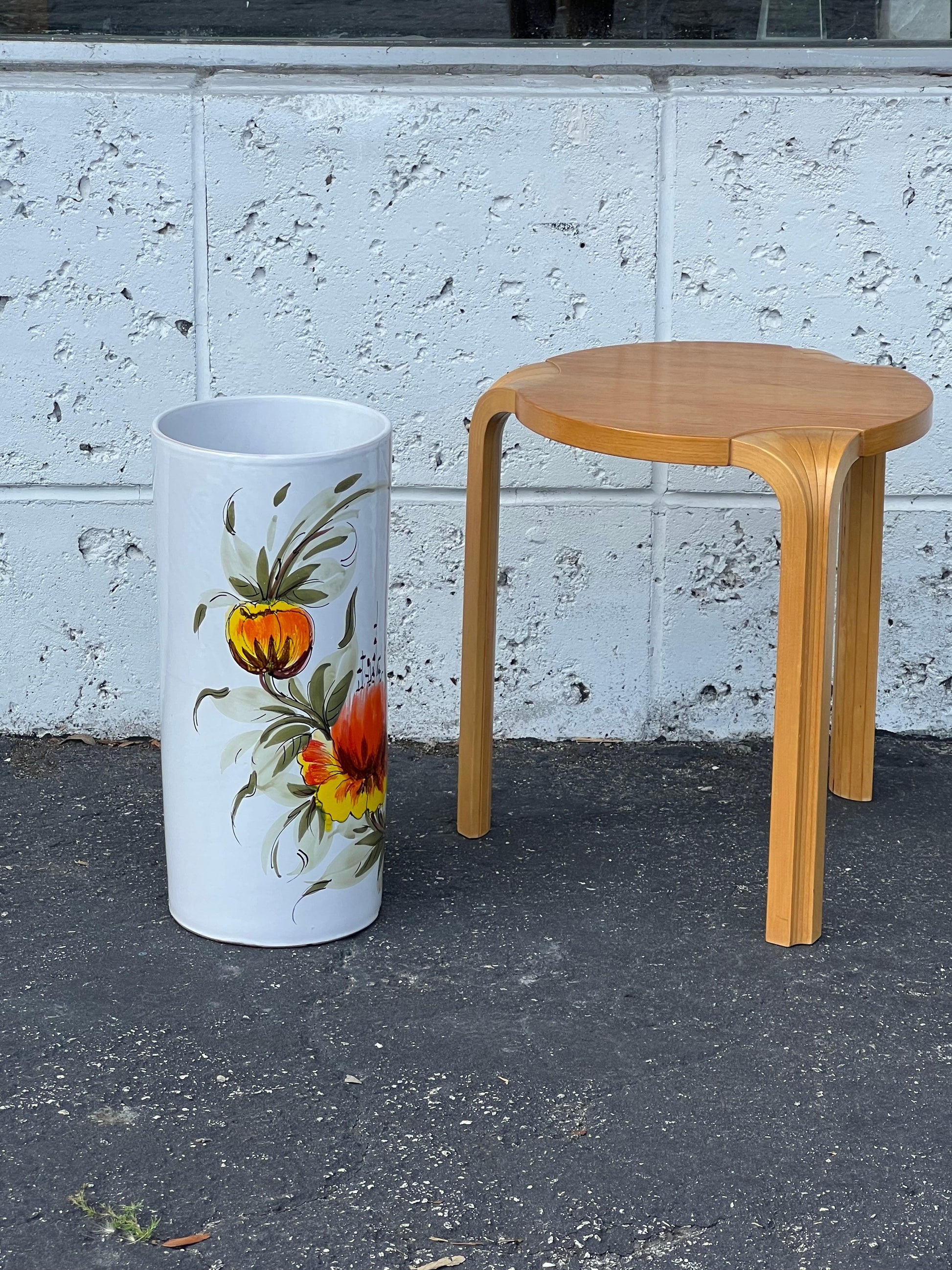 Frisman Vintage 60s MCM Hand Painted Orange Poppy Flower Ceramic Umbrella Stand Holder Italy