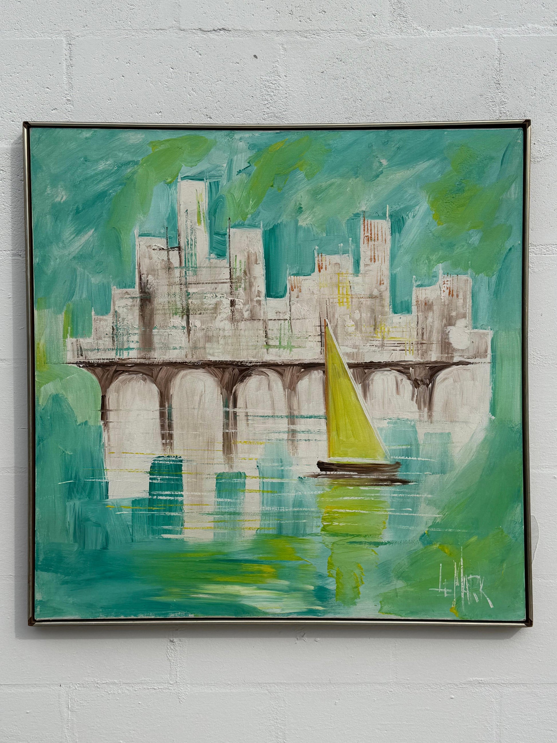 Frisman Vintage A Nautical Painting By Le Mark Harbor Scene Mid Century Aqua Blue