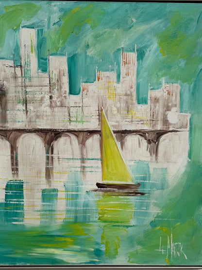 Frisman Vintage A Nautical Painting By Le Mark Harbor Scene Mid Century Aqua Blue