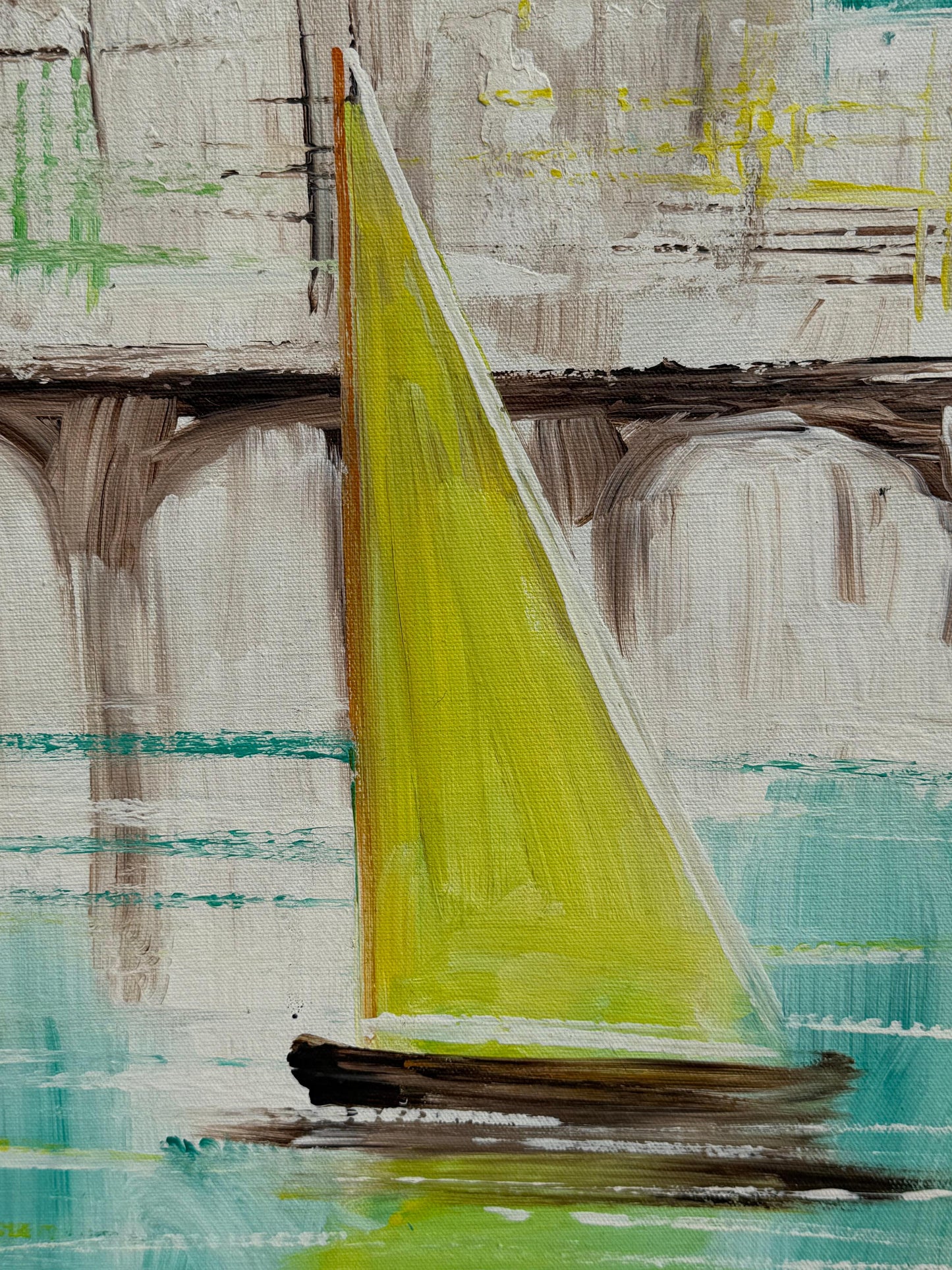 Frisman Vintage A Nautical Painting By Le Mark Harbor Scene Mid Century Aqua Blue