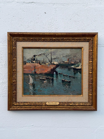 Frisman Vintage A Vintage Painting By Italian Artist Carlo Marra "Harbor Scene Napoli" ca' 1960'