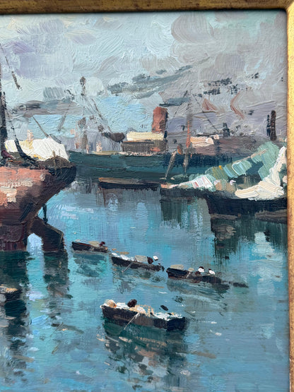 Frisman Vintage A Vintage Painting By Italian Artist Carlo Marra "Harbor Scene Napoli" ca' 1960'