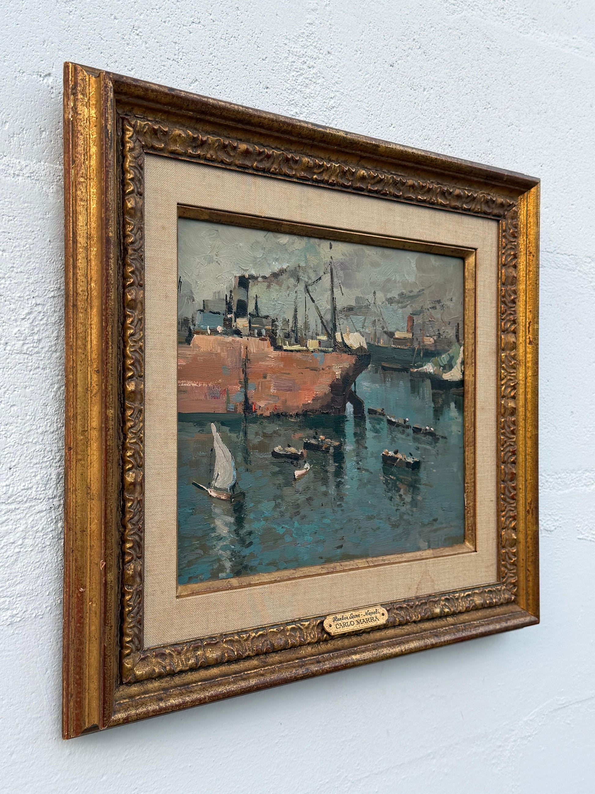 Frisman Vintage A Vintage Painting By Italian Artist Carlo Marra "Harbor Scene Napoli" ca' 1960'