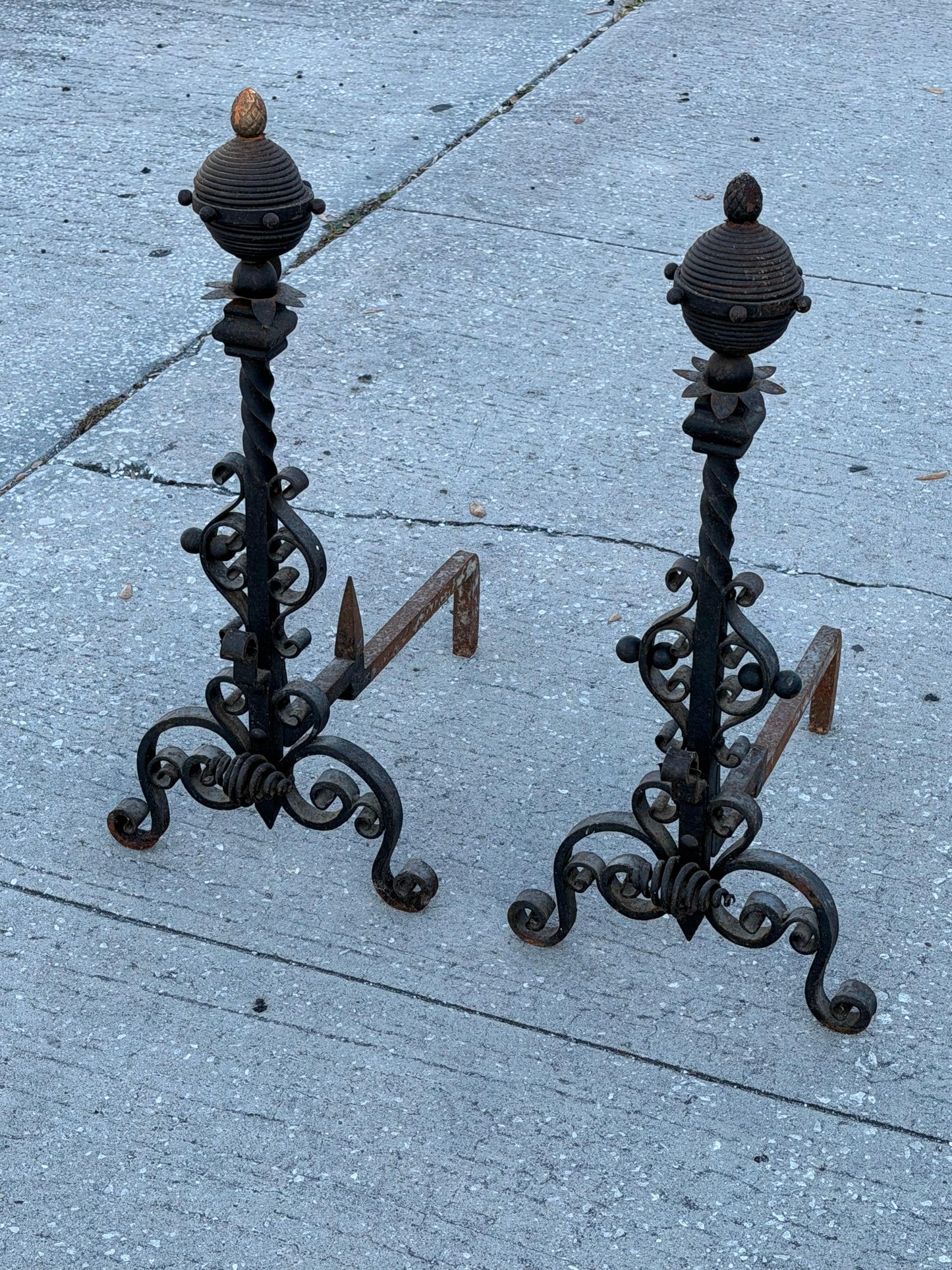 Frisman Vintage Large Decorative Wrought Iron Andirons ca' 1930's