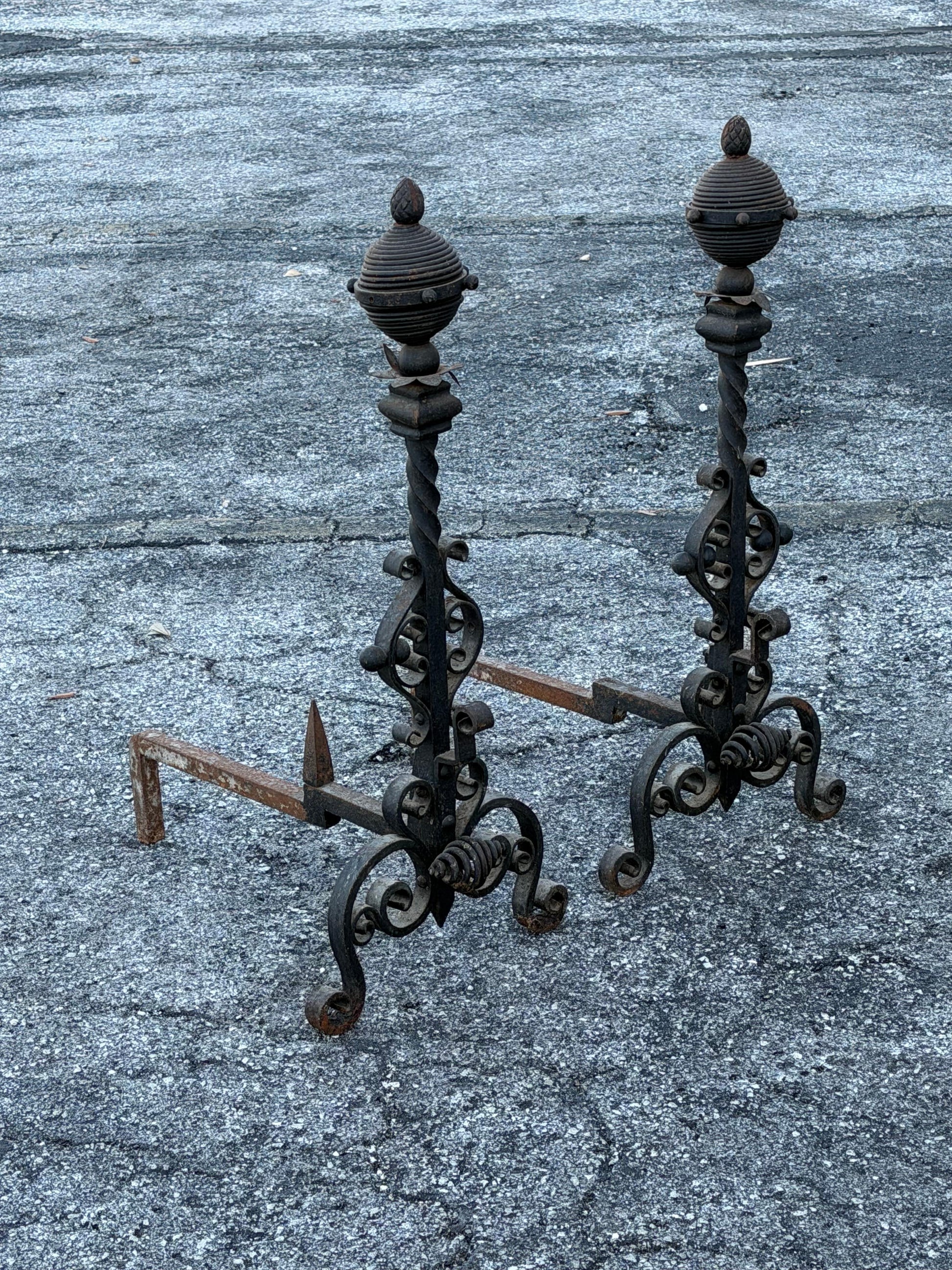 Frisman Vintage Large Decorative Wrought Iron Andirons ca' 1930's