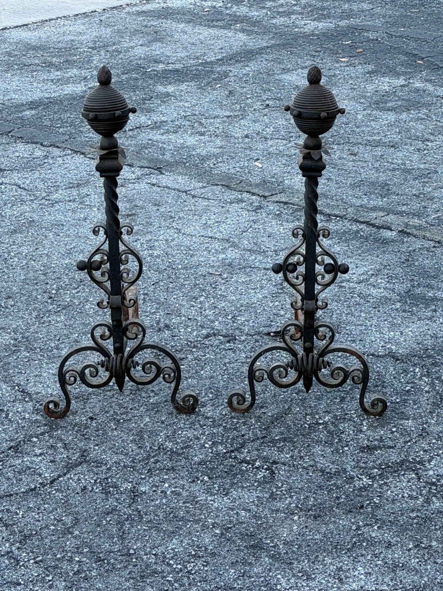 Frisman Vintage Large Decorative Wrought Iron Andirons ca' 1930's