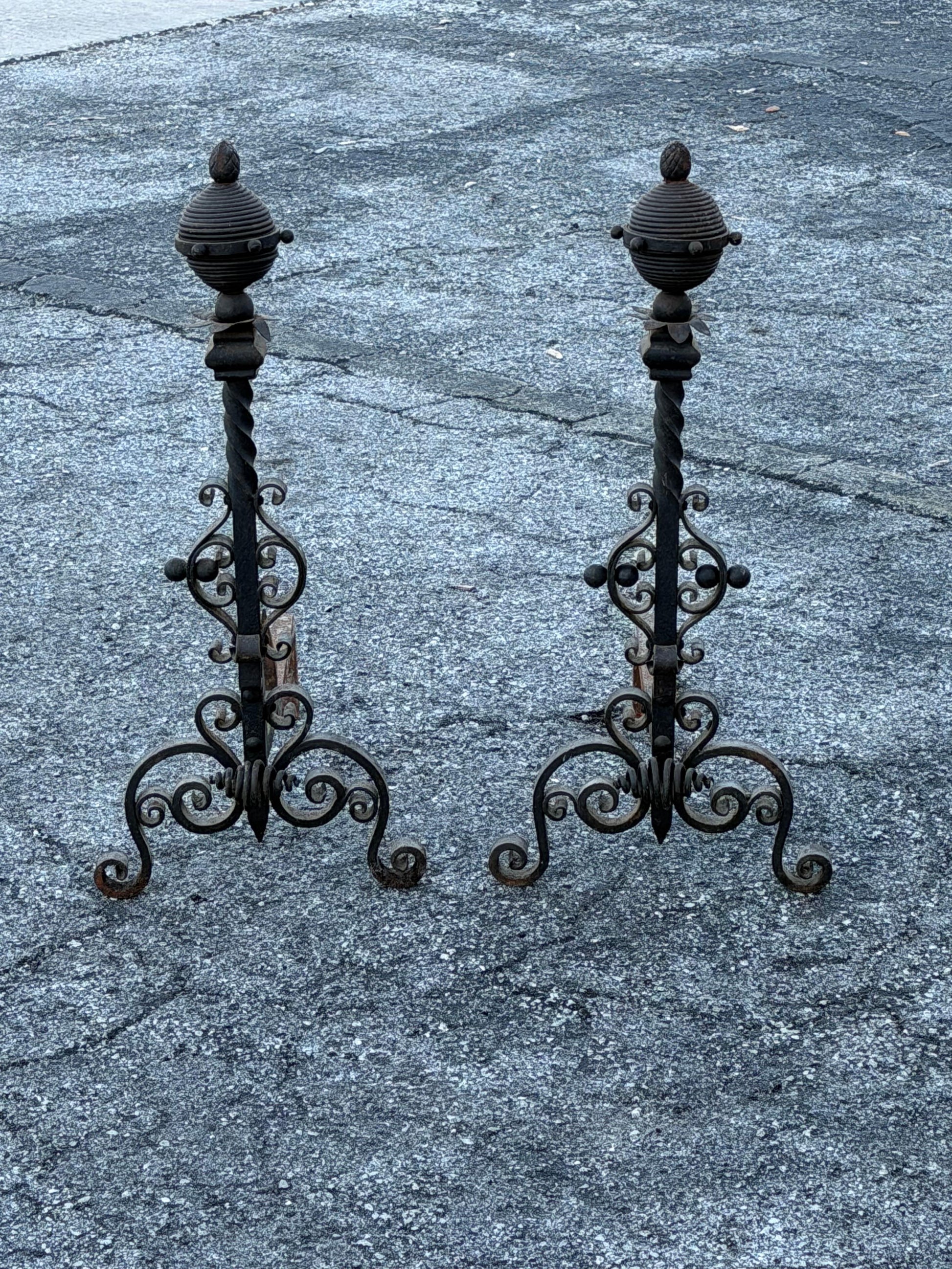 Frisman Vintage Large Decorative Wrought Iron Andirons ca' 1930's