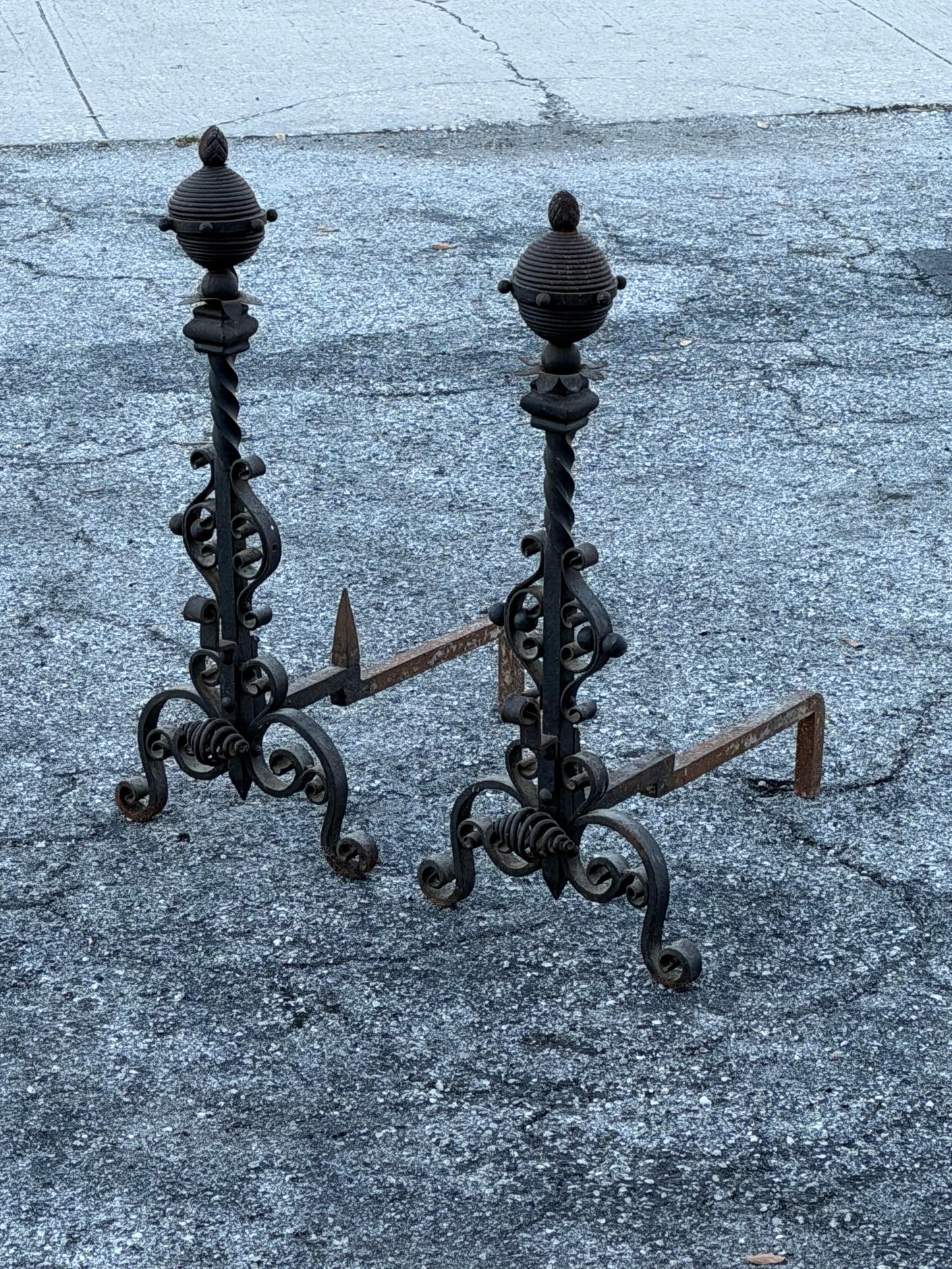 Frisman Vintage Large Decorative Wrought Iron Andirons ca' 1930's