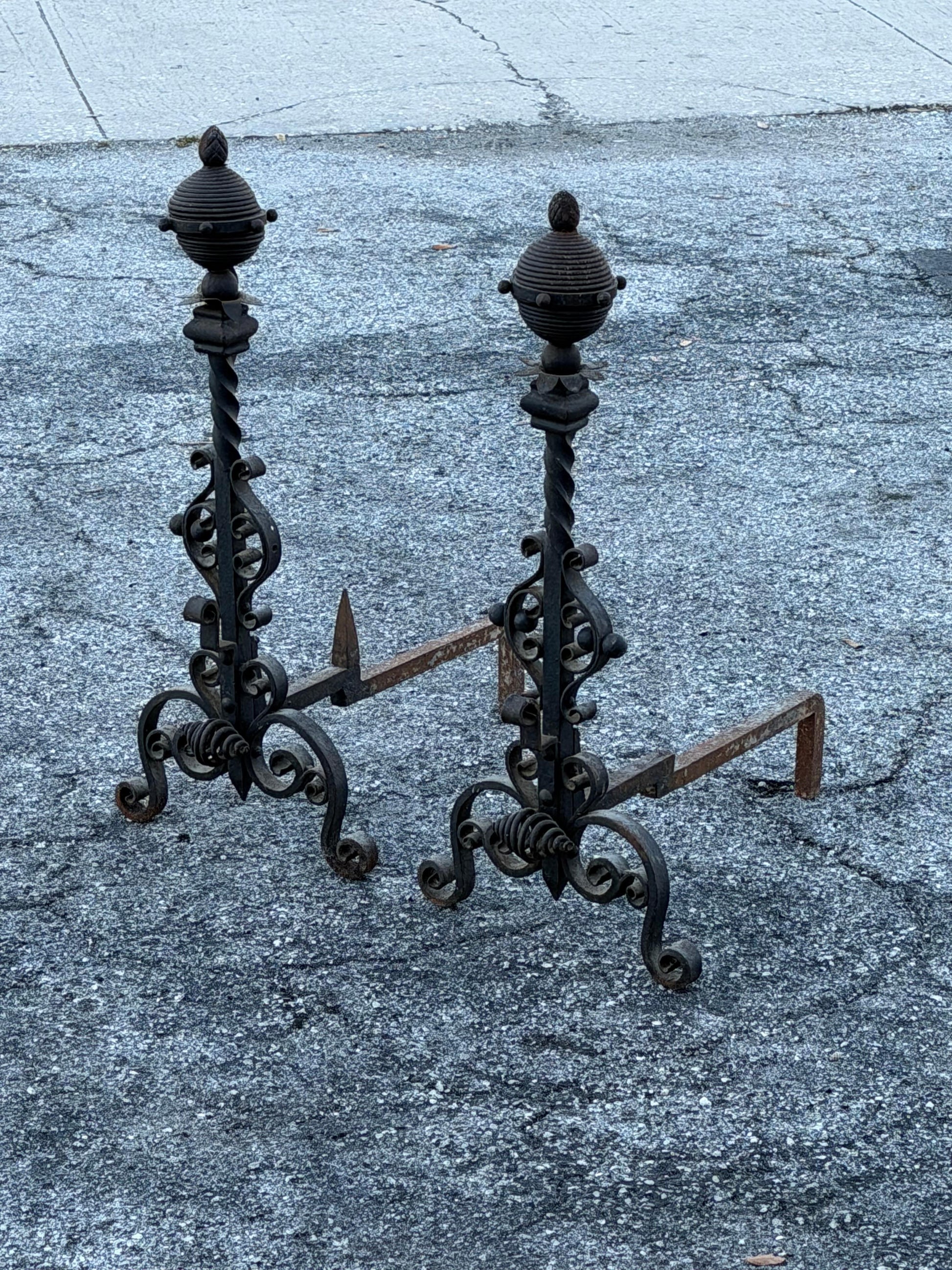 Frisman Vintage Large Decorative Wrought Iron Andirons ca' 1930's