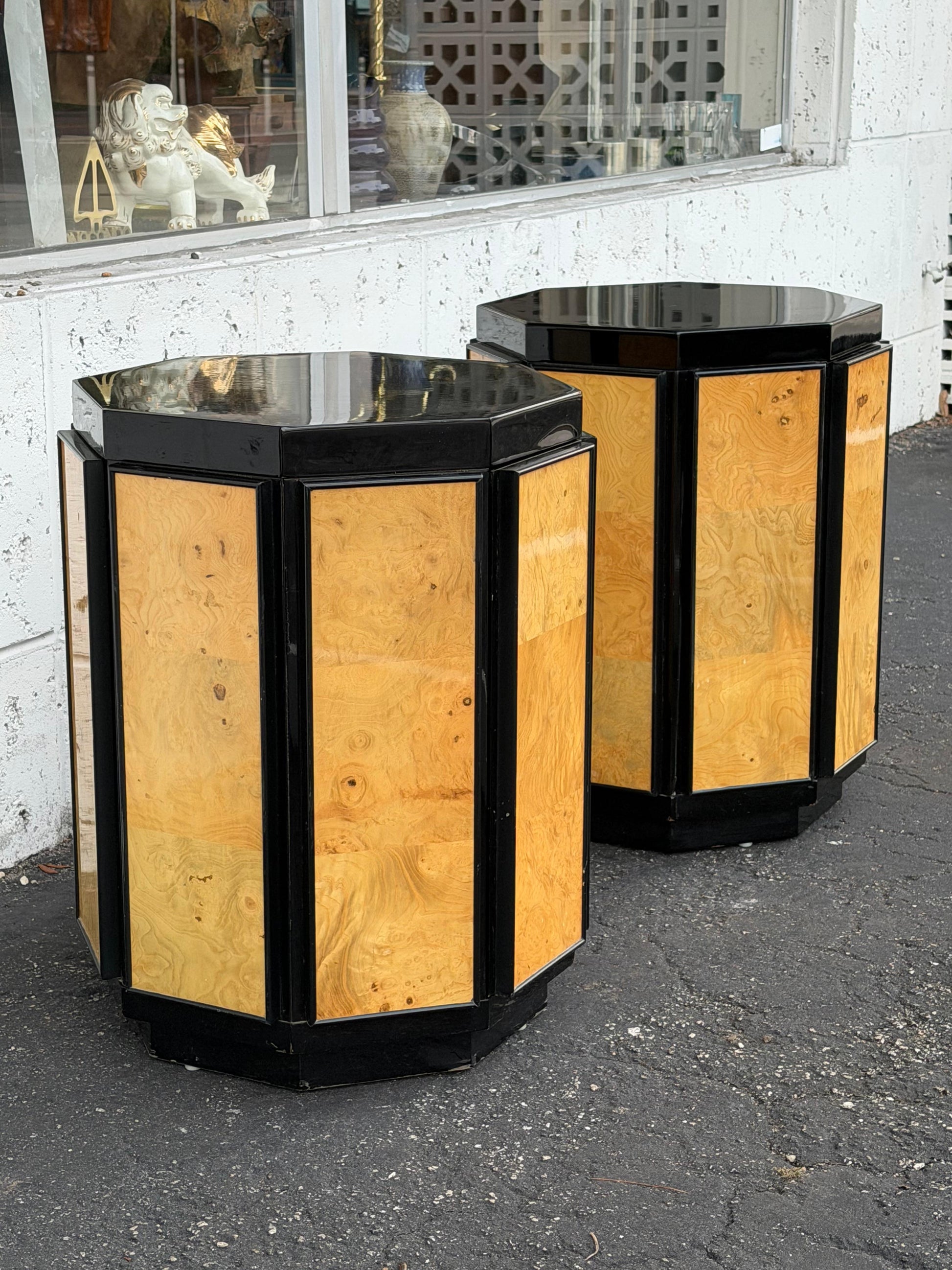 Frisman Vintage Henredon Octagonal End Tables Black Lacquer And Burl ca' 1980's