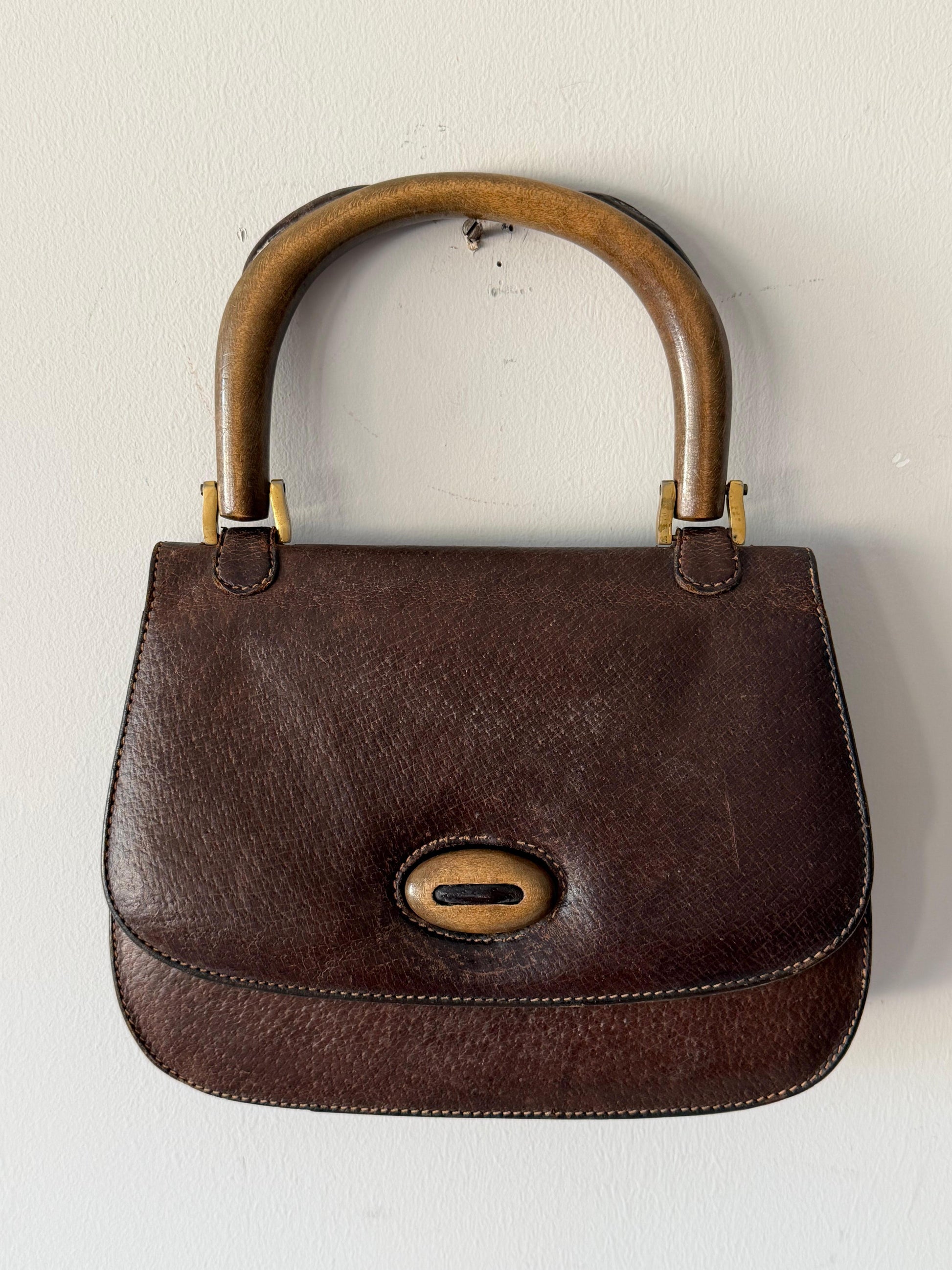Frisman Vintage GUCCI Vintage 70s Brown Leather Handbag Wood Handle Bag Rare