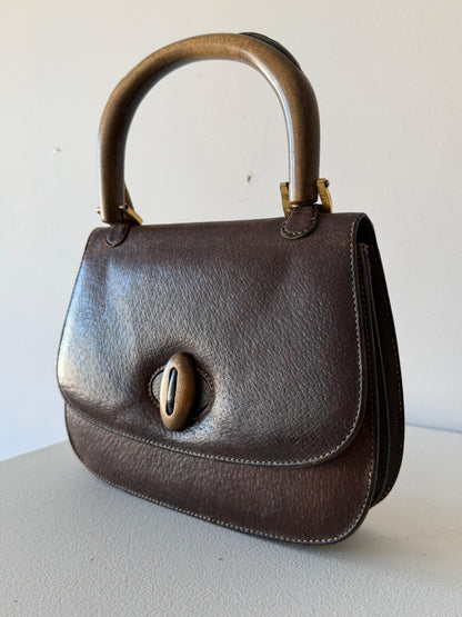 Frisman Vintage GUCCI Vintage 70s Brown Leather Handbag Wood Handle Bag Rare