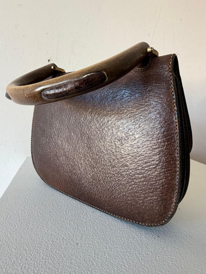 Frisman Vintage GUCCI Vintage 70s Brown Leather Handbag Wood Handle Bag Rare