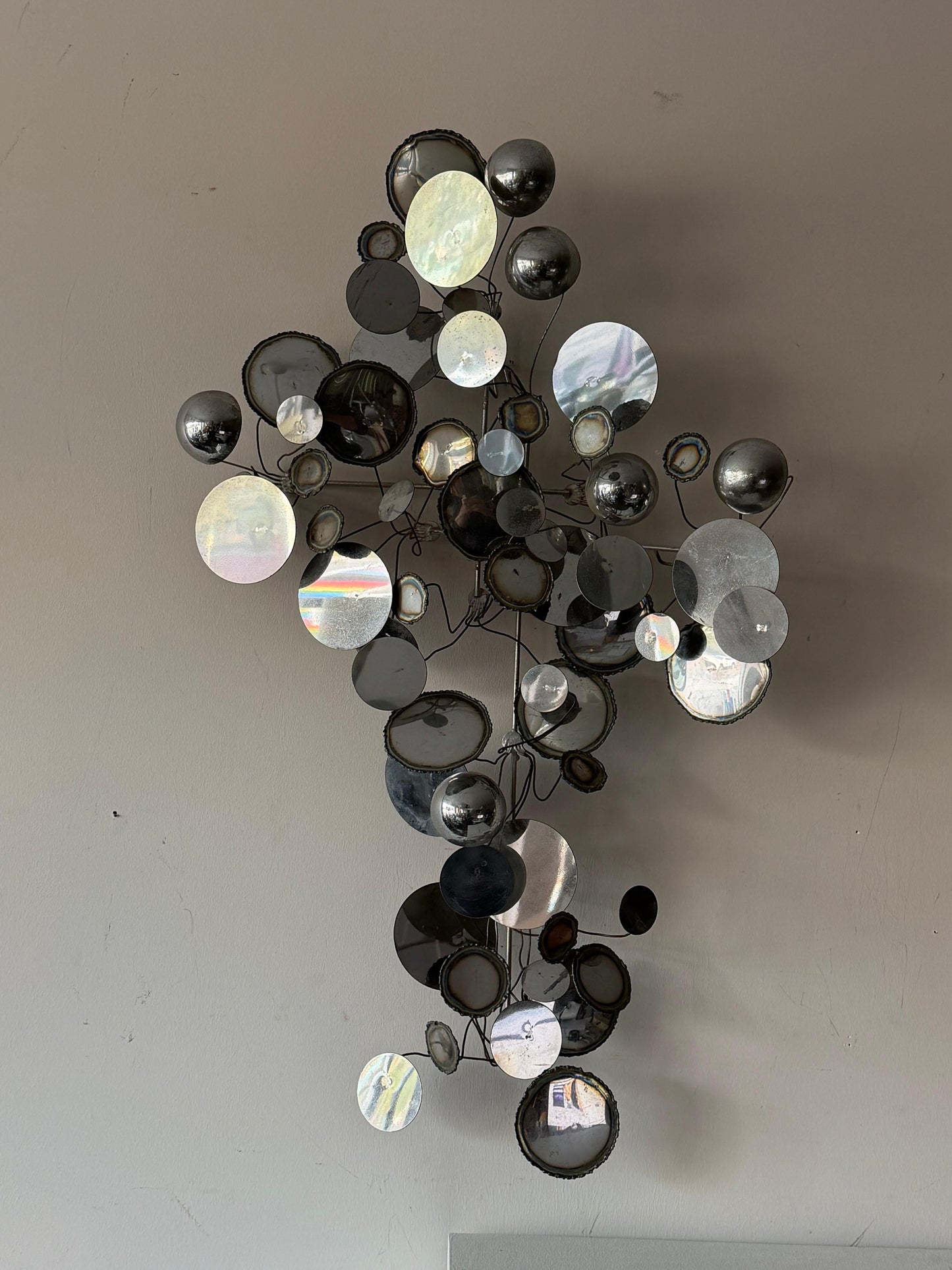 Frisman Vintage American Vintage Metal Wall Mirror Sculpture Raindrops by Curtis Jere ca' 1970
