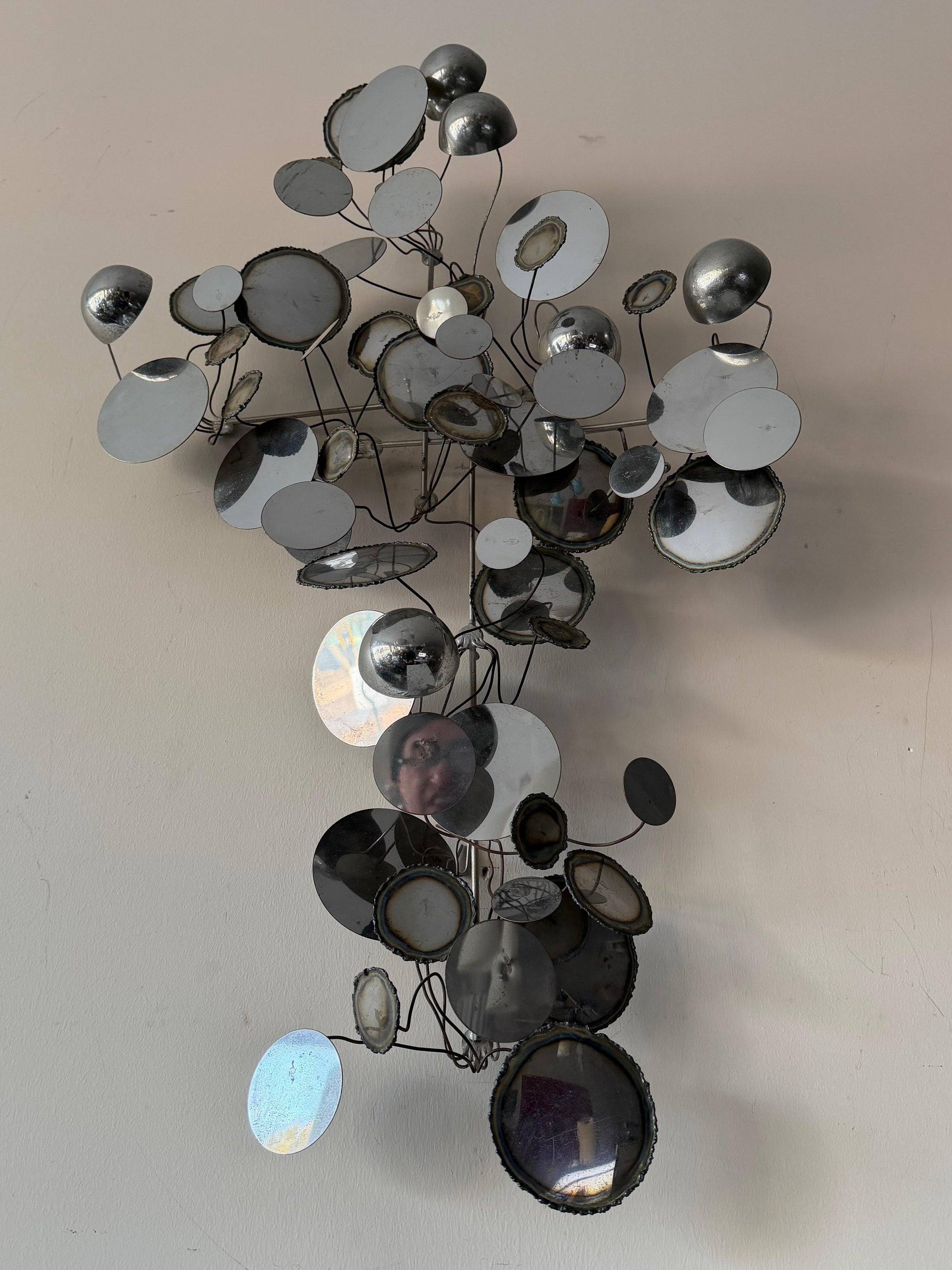 Frisman Vintage American Vintage Metal Wall Mirror Sculpture Raindrops by Curtis Jere ca' 1970