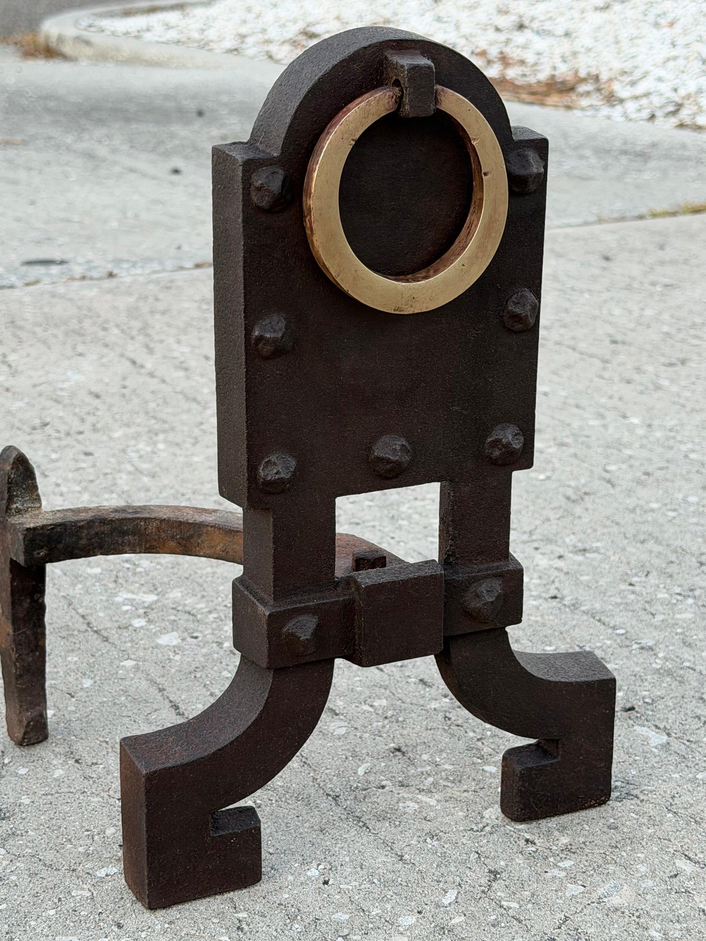 Frisman Vintage A Pair Of Unusual Andirons ca' 1920's Cast Iron Brass Rings