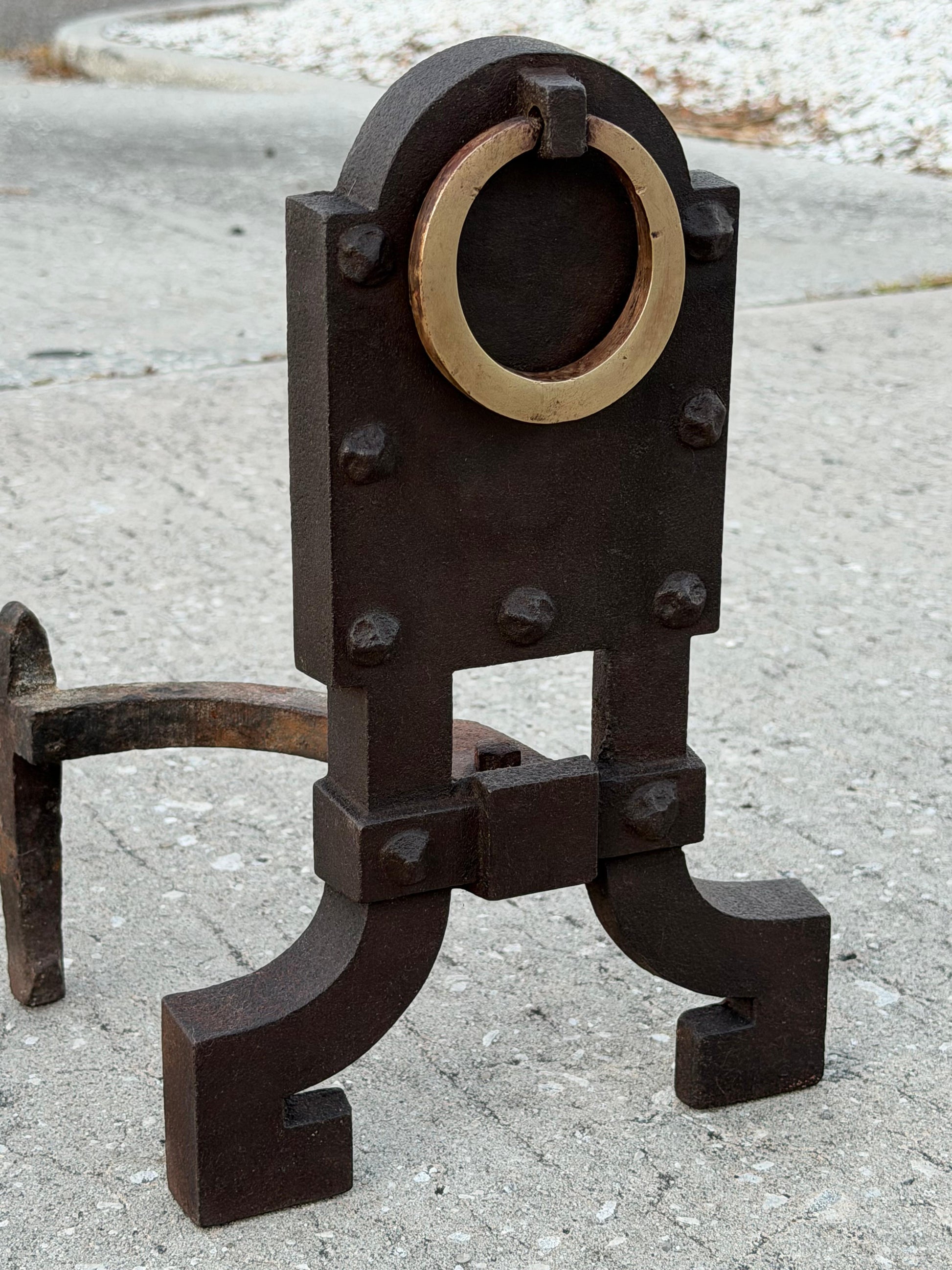 Frisman Vintage A Pair Of Unusual Andirons ca' 1920's Cast Iron Brass Rings