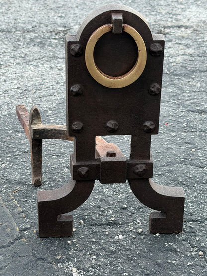 Frisman Vintage A Pair Of Unusual Andirons ca' 1920's Cast Iron Brass Rings