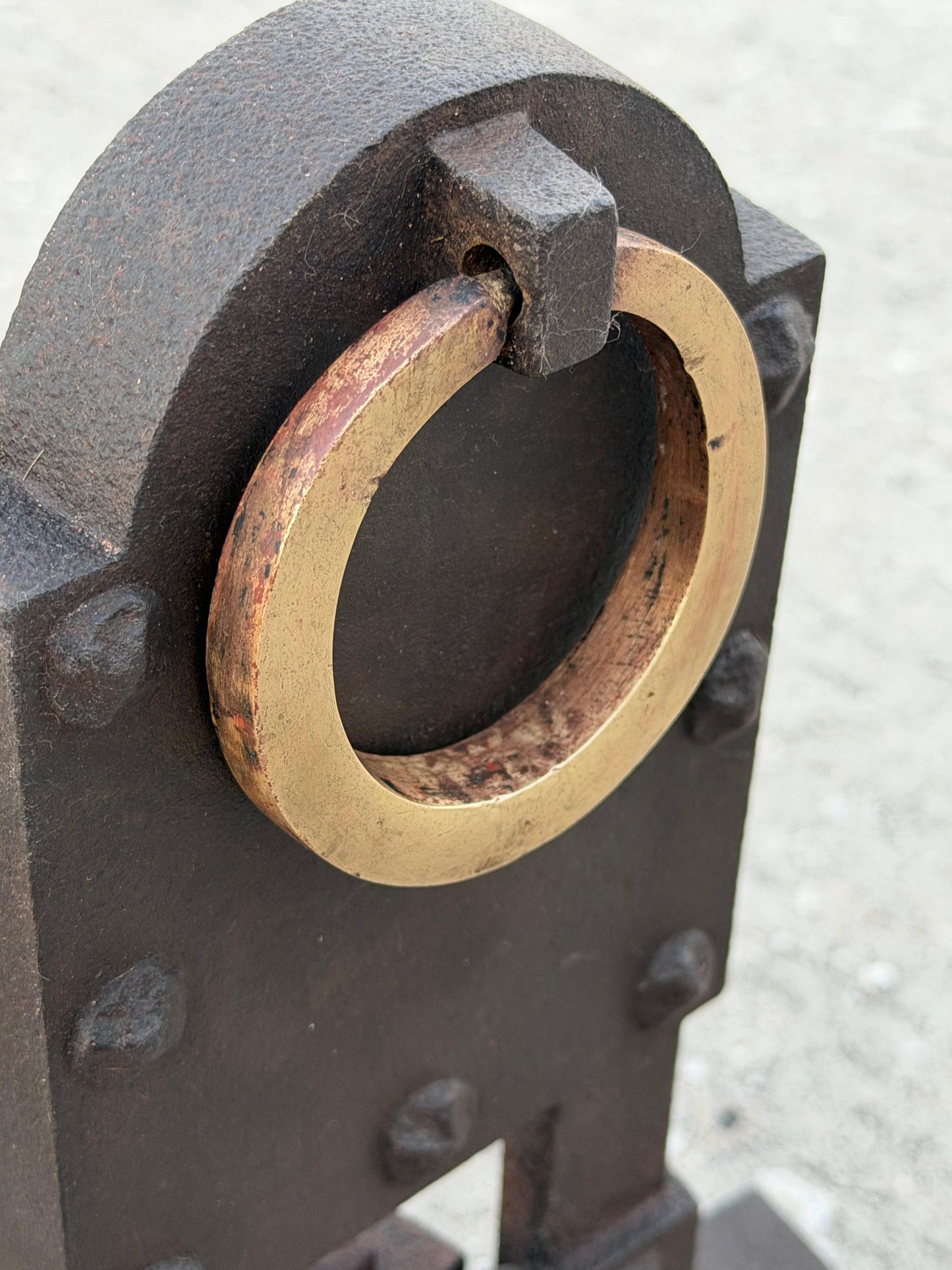 Frisman Vintage A Pair Of Unusual Andirons ca' 1920's Cast Iron Brass Rings