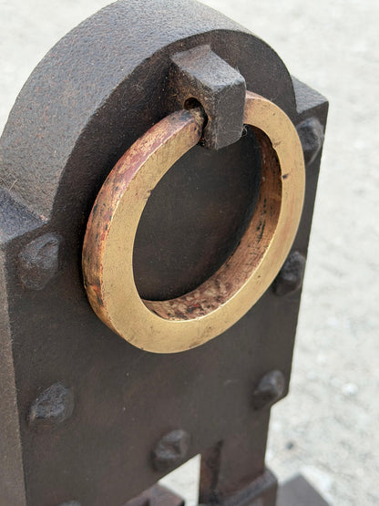 Frisman Vintage A Pair Of Unusual Andirons ca' 1920's Cast Iron Brass Rings