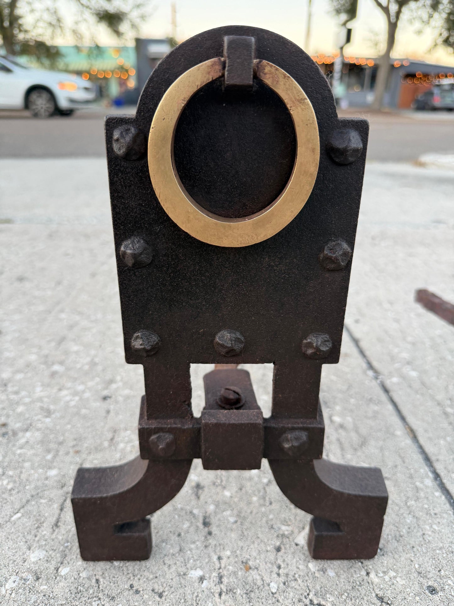 Frisman Vintage A Pair Of Unusual Andirons ca' 1920's Cast Iron Brass Rings