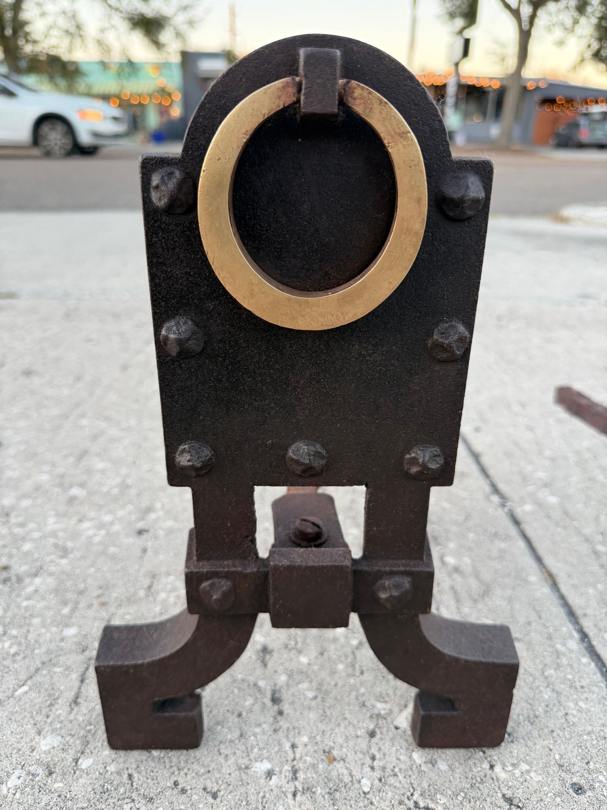 Frisman Vintage A Pair Of Unusual Andirons ca' 1920's Cast Iron Brass Rings