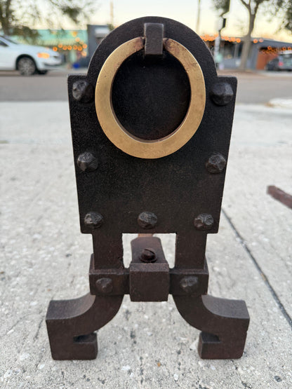 Frisman Vintage A Pair Of Unusual Andirons ca' 1920's Cast Iron Brass Rings