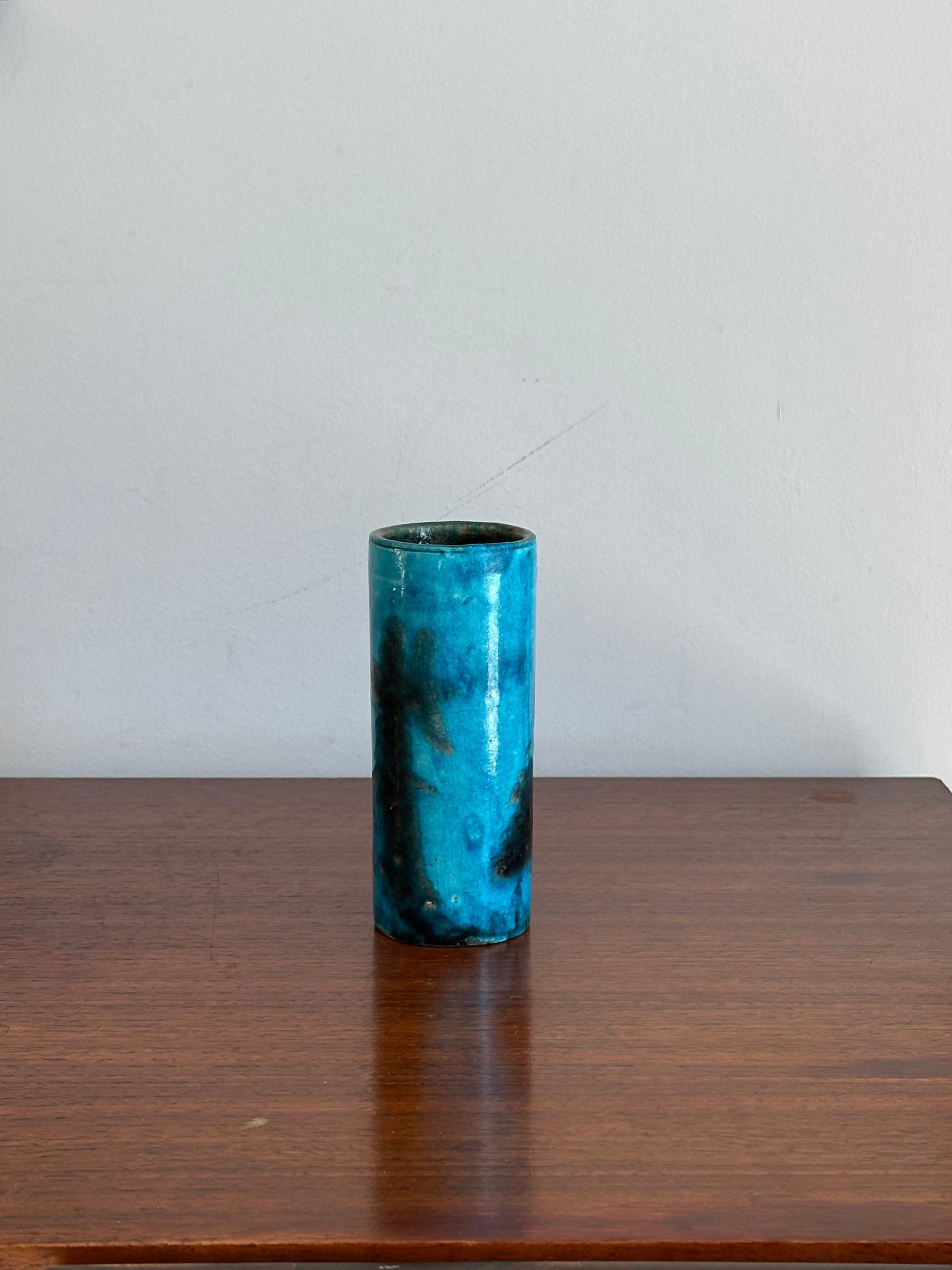 Frisman Vintage Guido Gambone cylinder vase in blue and black ceramic, Italy