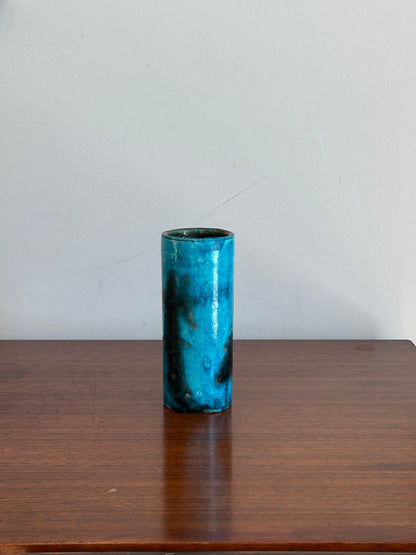 Frisman Vintage Guido Gambone cylinder vase in blue and black ceramic, Italy