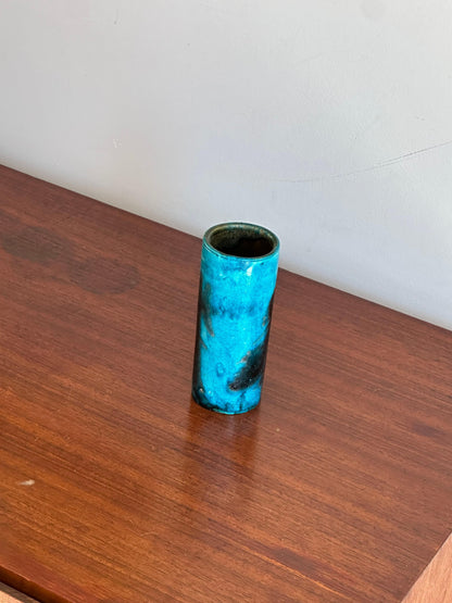 Frisman Vintage Guido Gambone cylinder vase in blue and black ceramic, Italy