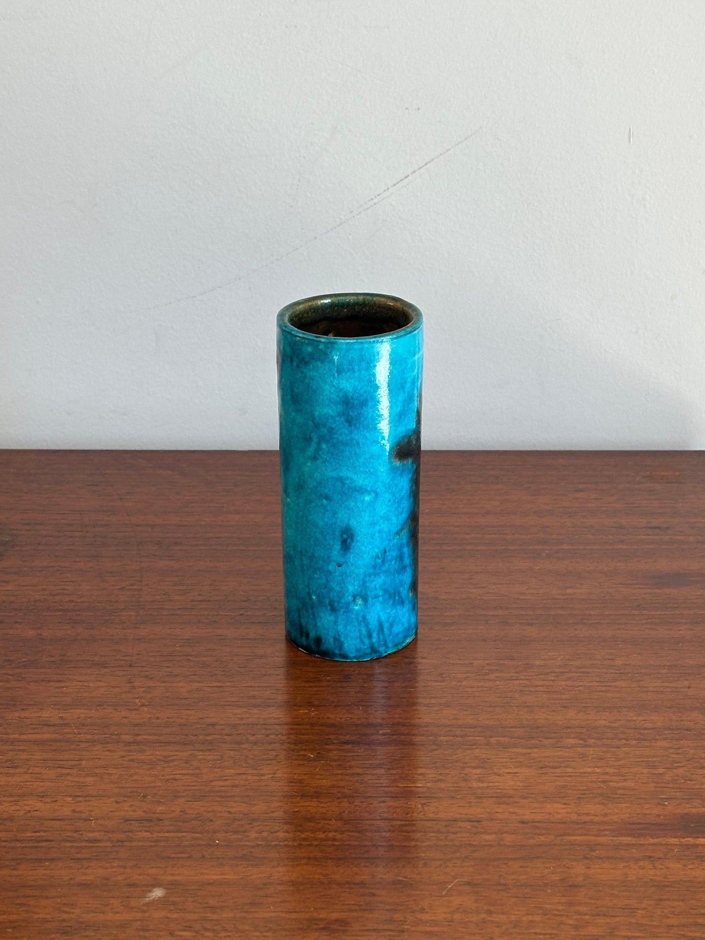 Frisman Vintage Guido Gambone cylinder vase in blue and black ceramic, Italy