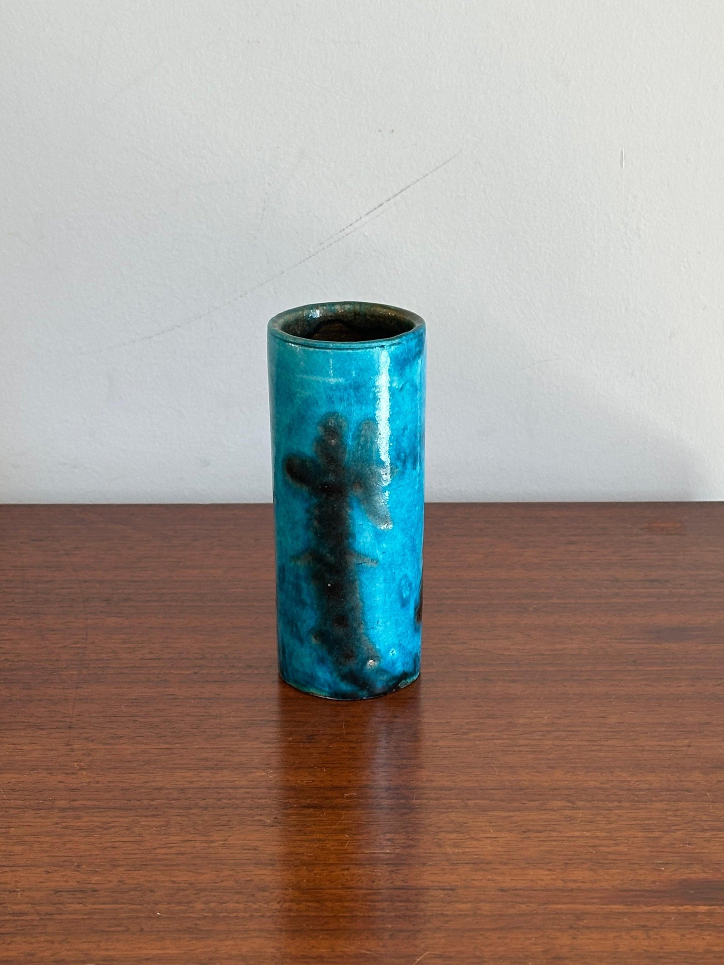 Frisman Vintage Guido Gambone cylinder vase in blue and black ceramic, Italy