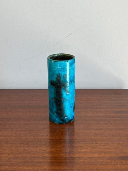 Frisman Vintage Guido Gambone cylinder vase in blue and black ceramic, Italy