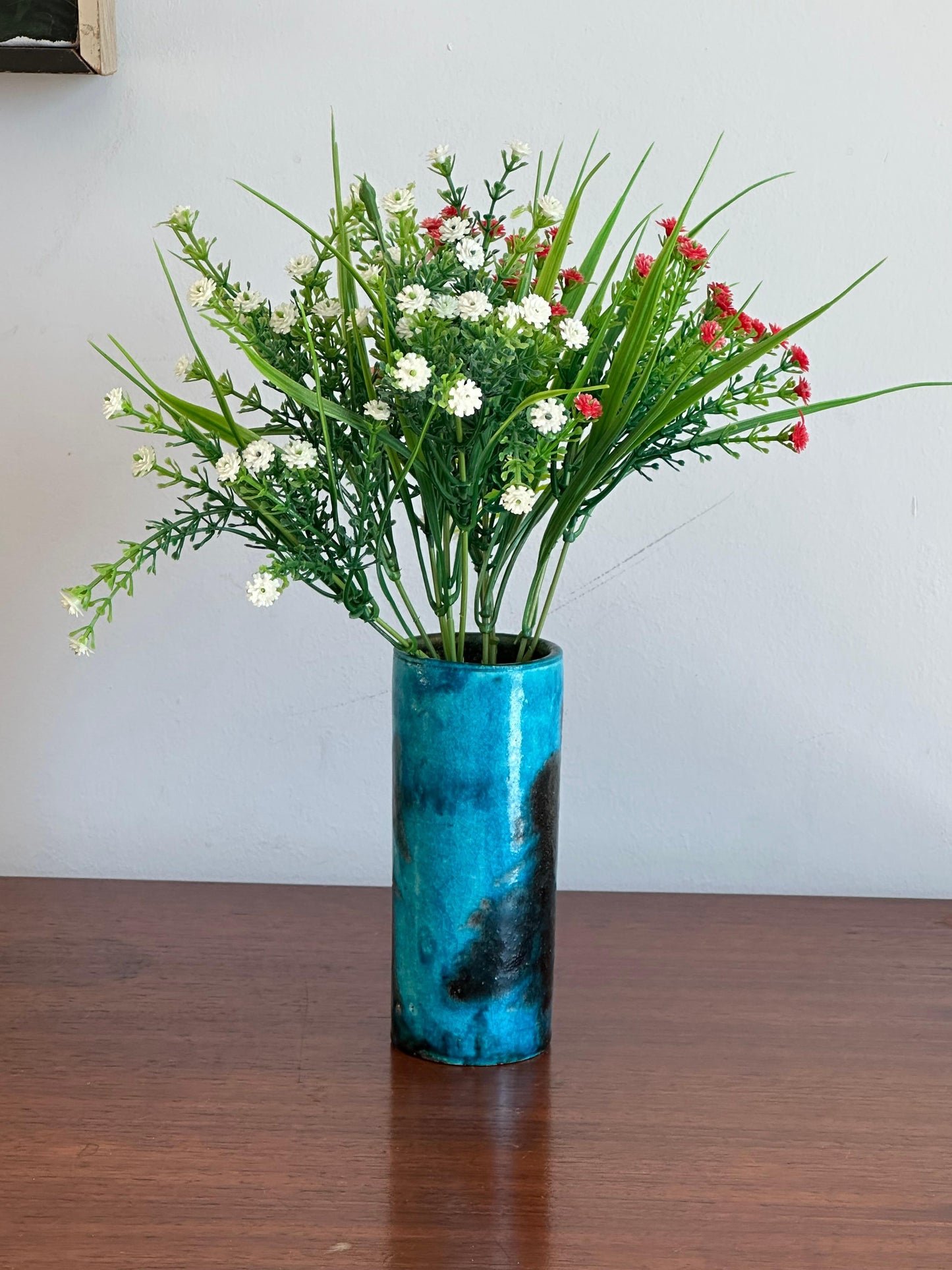 Frisman Vintage Guido Gambone cylinder vase in blue and black ceramic, Italy