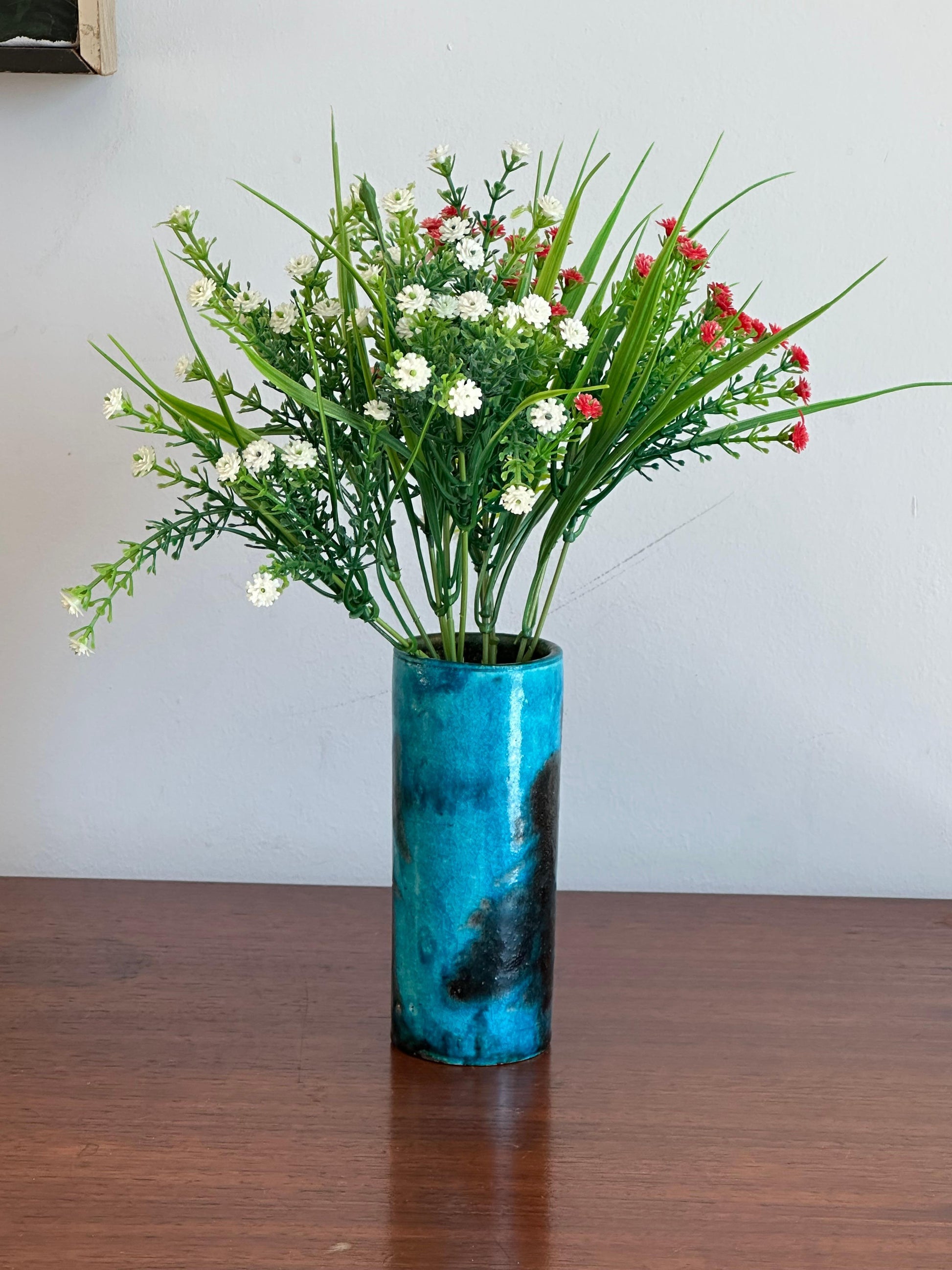 Frisman Vintage Guido Gambone cylinder vase in blue and black ceramic, Italy