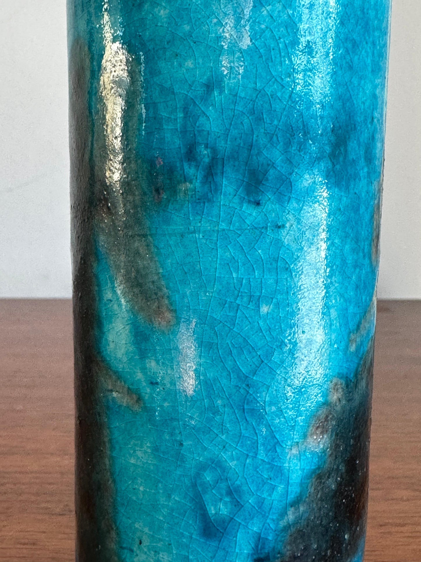 Frisman Vintage Guido Gambone cylinder vase in blue and black ceramic, Italy