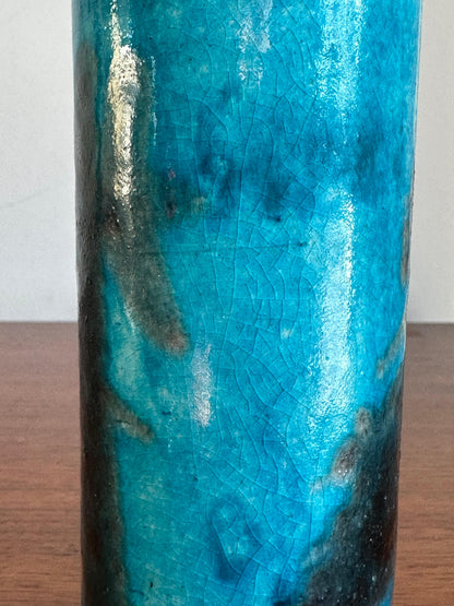 Frisman Vintage Guido Gambone cylinder vase in blue and black ceramic, Italy
