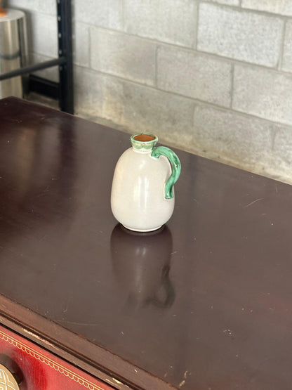 Frisman Vintage 1940s Green Handled Off-White Vase in Earthenware by Christer Heijl for Töreboda