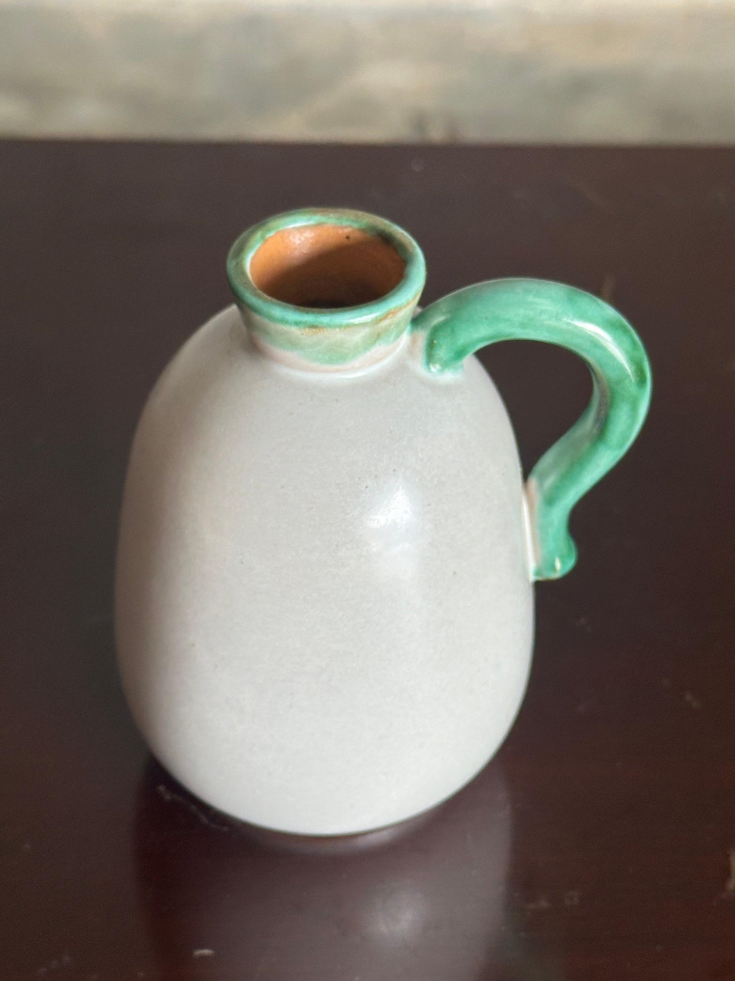 Frisman Vintage 1940s Green Handled Off-White Vase in Earthenware by Christer Heijl for Töreboda