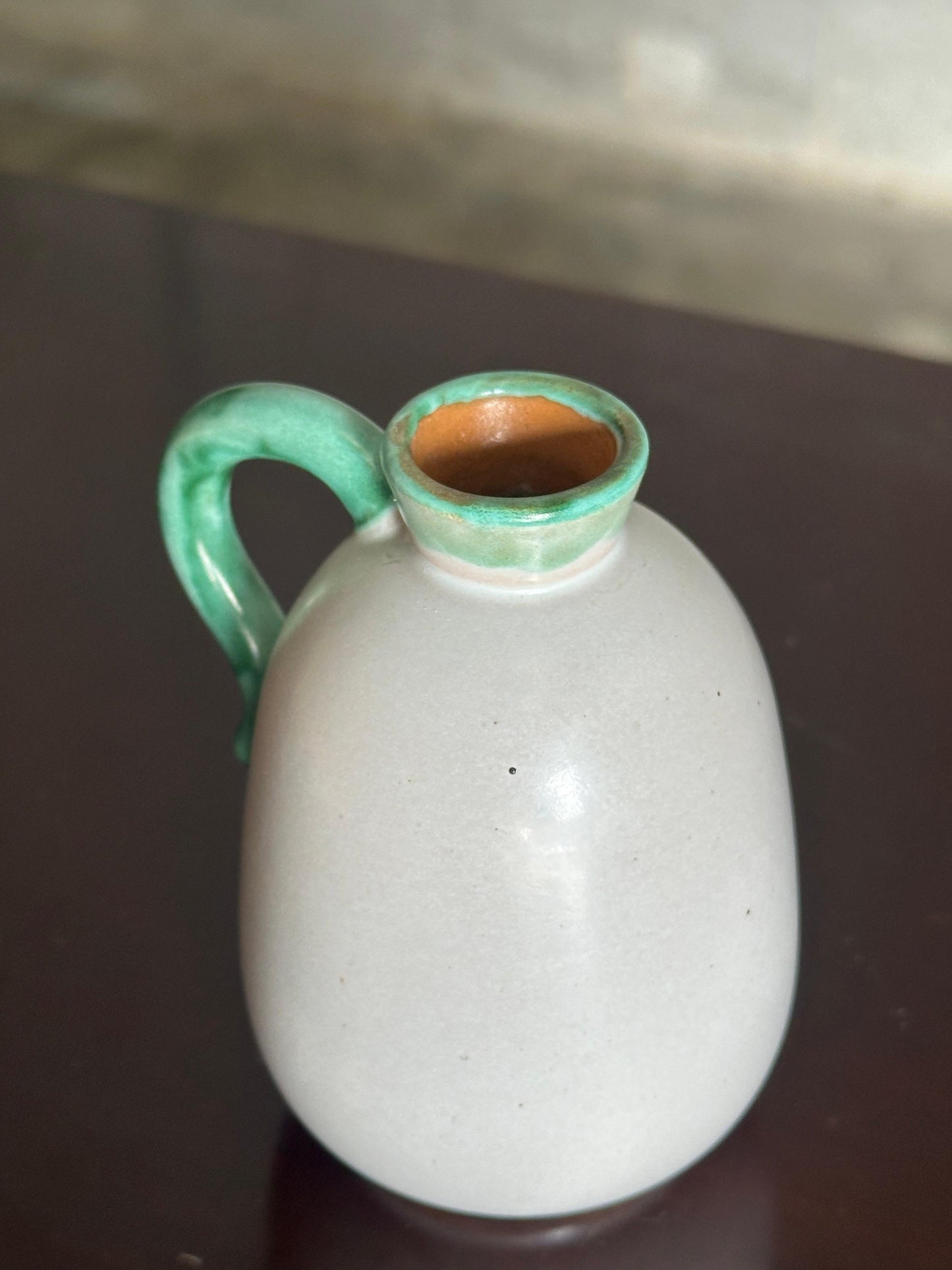 Frisman Vintage 1940s Green Handled Off-White Vase in Earthenware by Christer Heijl for Töreboda