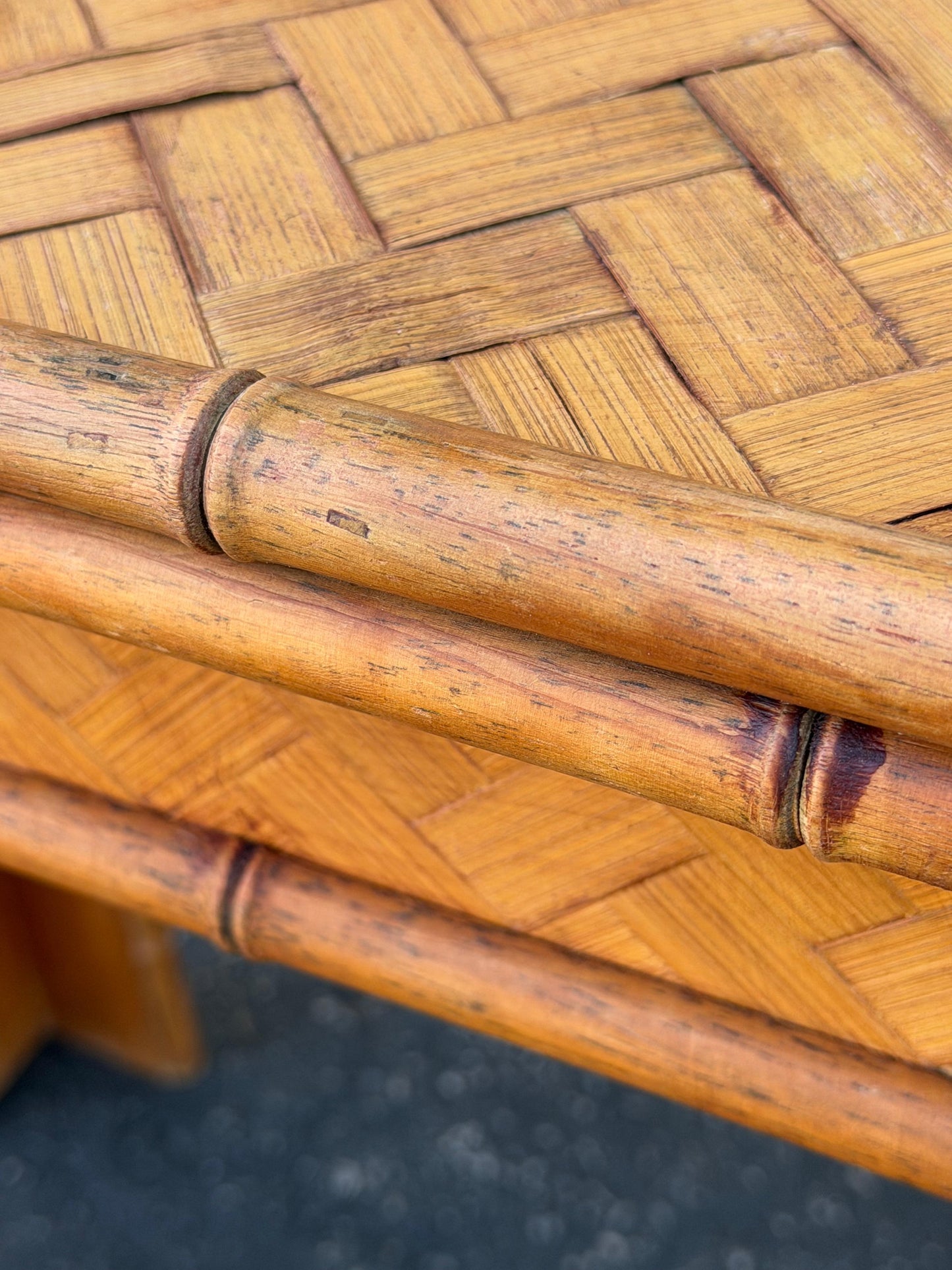 Frisman Vintage Unusual Bamboo Woven Console Table Boho Style 1970's