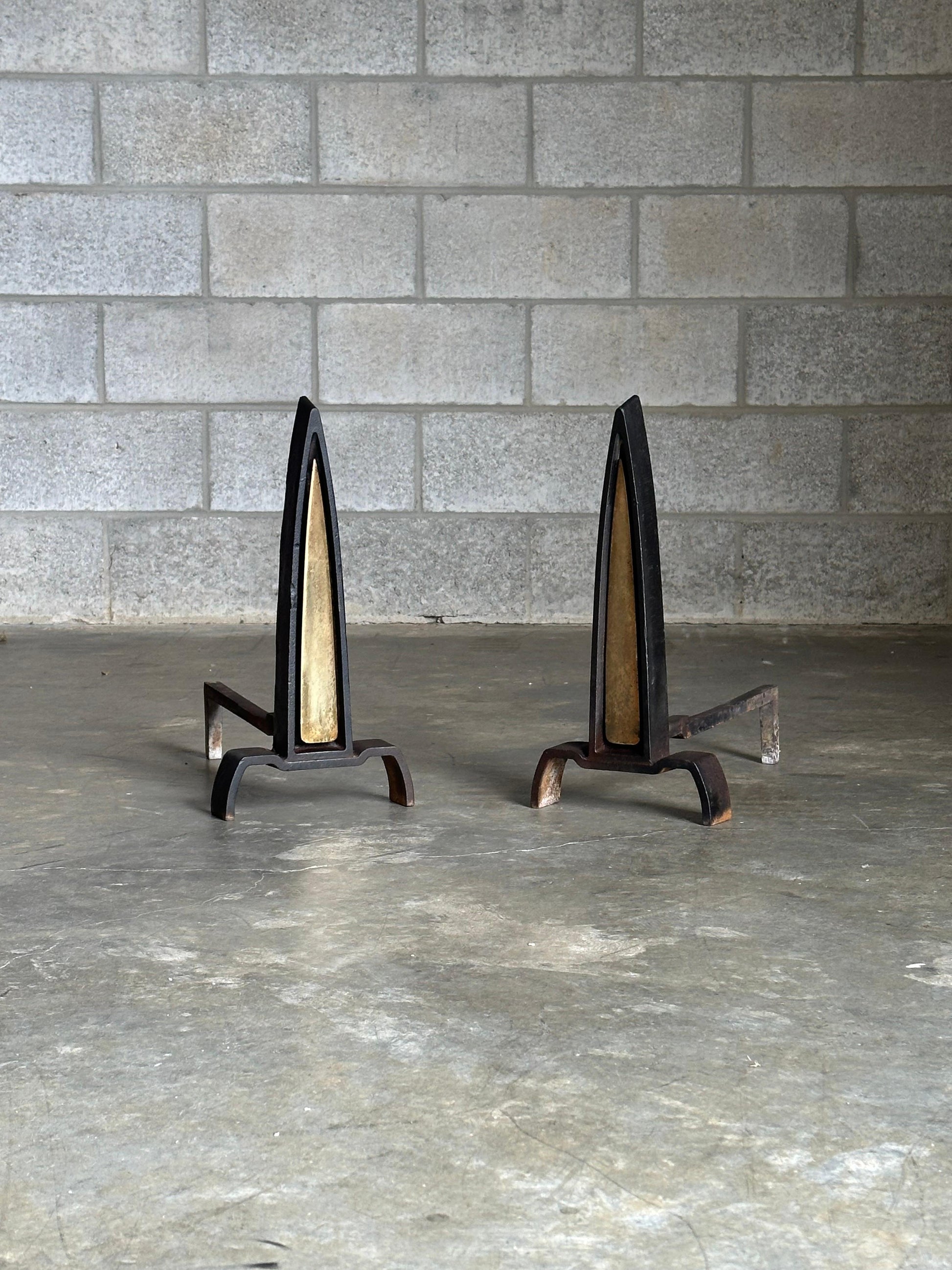 Frisman Vintage 1950s Iron and Brass Andirons Attributed to Donald Deskey- A Pair