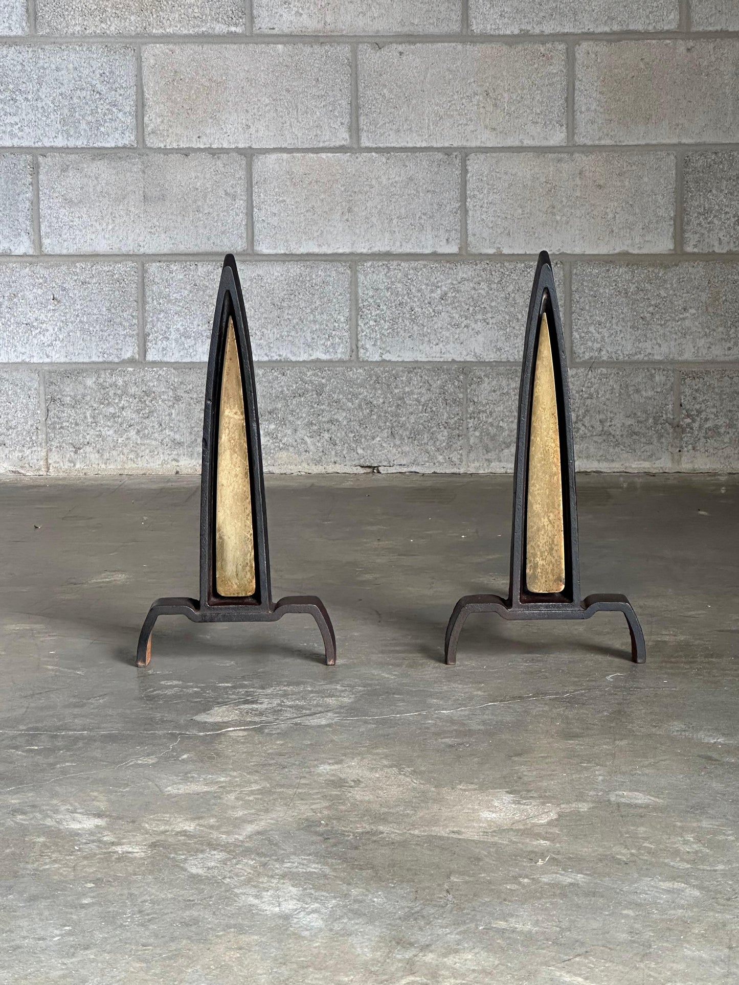 Frisman Vintage 1950s Iron and Brass Andirons Attributed to Donald Deskey- A Pair