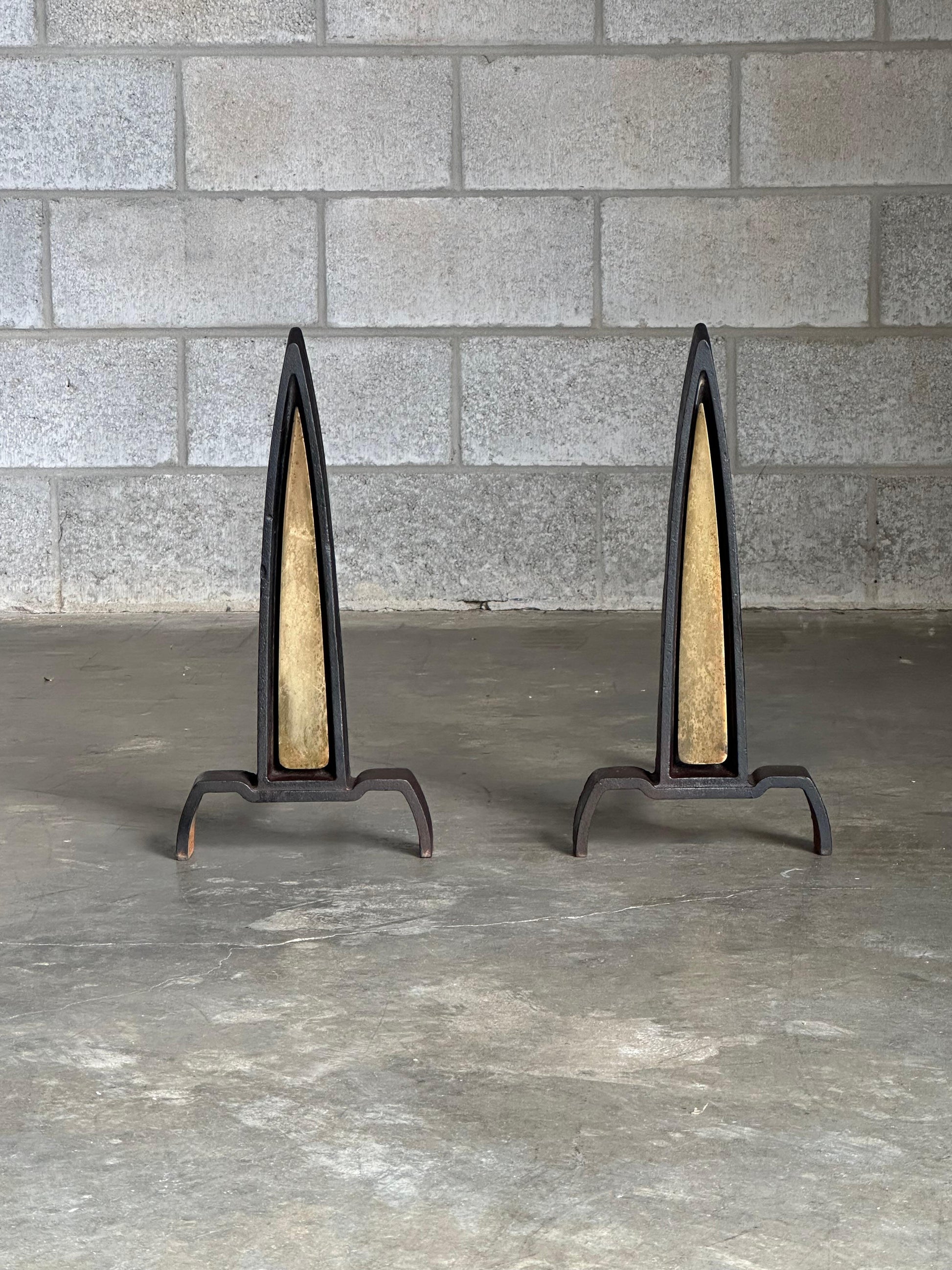 Frisman Vintage 1950s Iron and Brass Andirons Attributed to Donald Deskey- A Pair