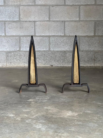 Frisman Vintage 1950s Iron and Brass Andirons Attributed to Donald Deskey- A Pair