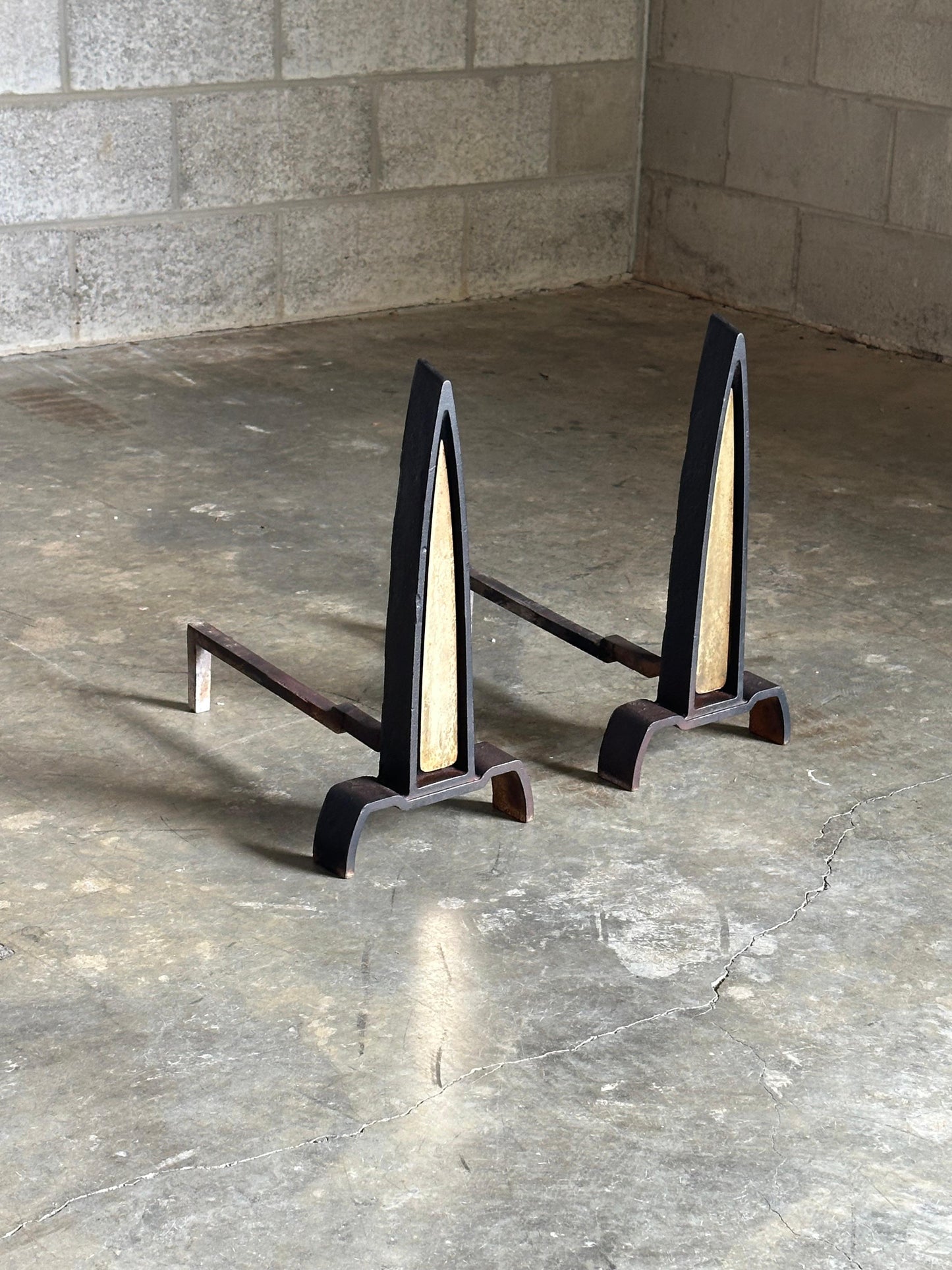 Frisman Vintage 1950s Iron and Brass Andirons Attributed to Donald Deskey- A Pair