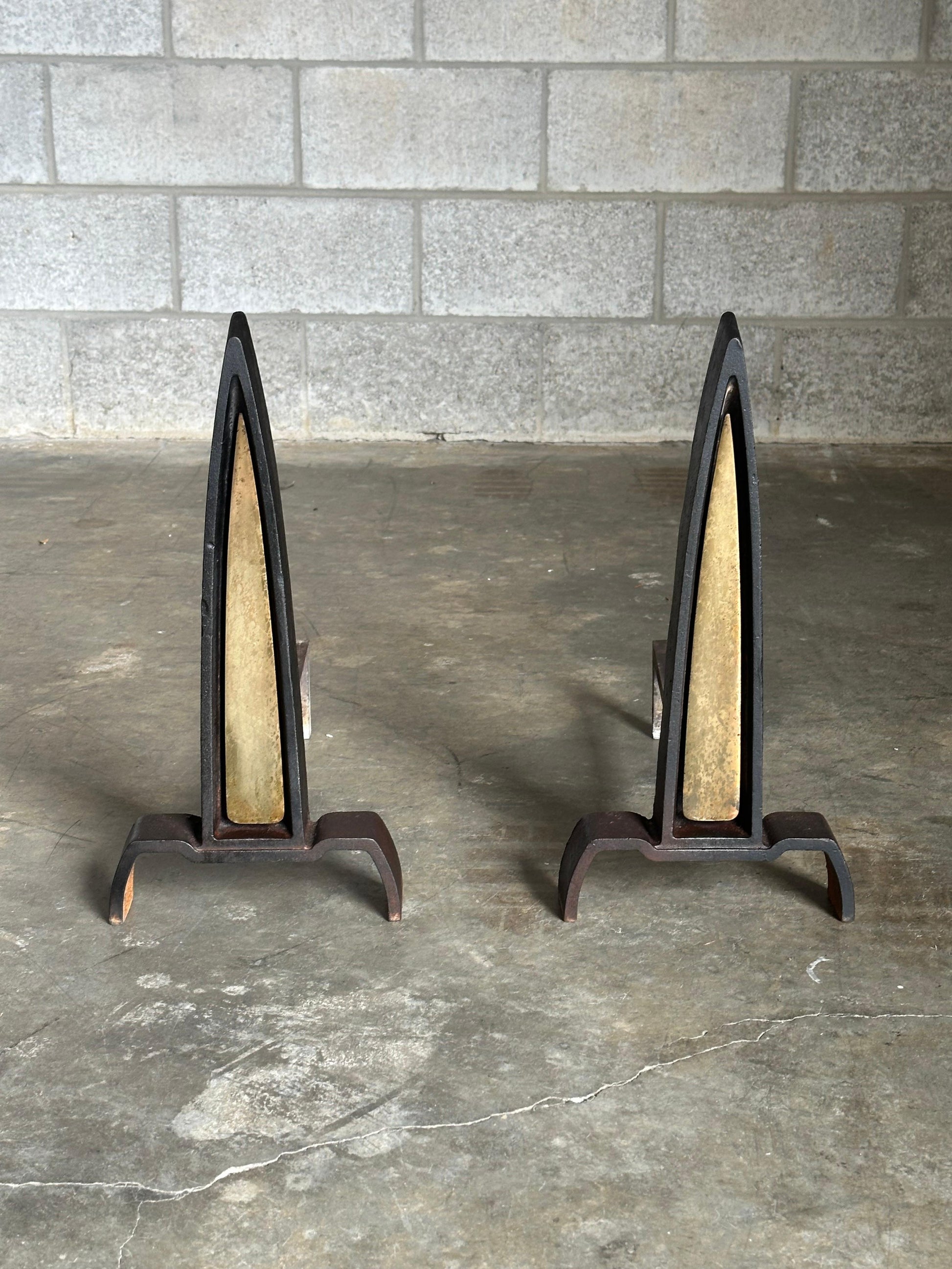 Frisman Vintage 1950s Iron and Brass Andirons Attributed to Donald Deskey- A Pair