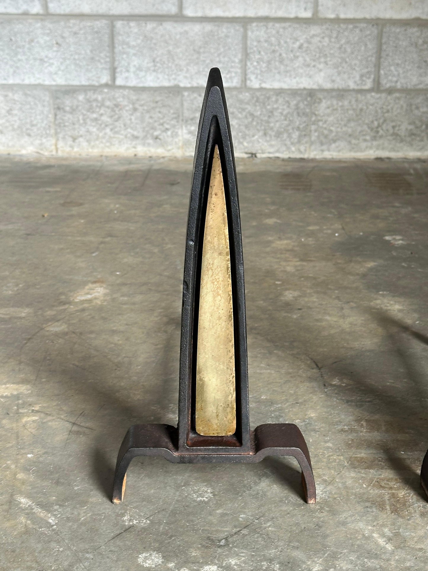 Frisman Vintage 1950s Iron and Brass Andirons Attributed to Donald Deskey- A Pair