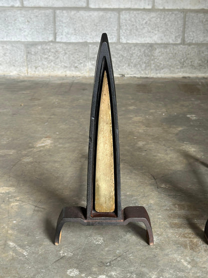 Frisman Vintage 1950s Iron and Brass Andirons Attributed to Donald Deskey- A Pair